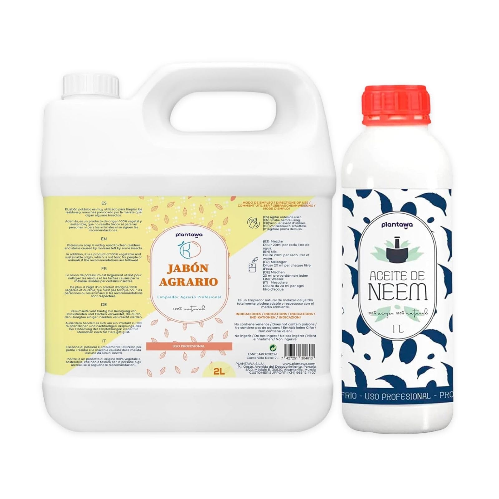 PLANTAWA Pack Ahorro Jabón Potásico 2L + Aceite de Neem 1L | Solución Multiusos | Fácil Aplicación y Máxima Eficacia | Versátil | Uso en Interior y Exterior | Productos de origen natural