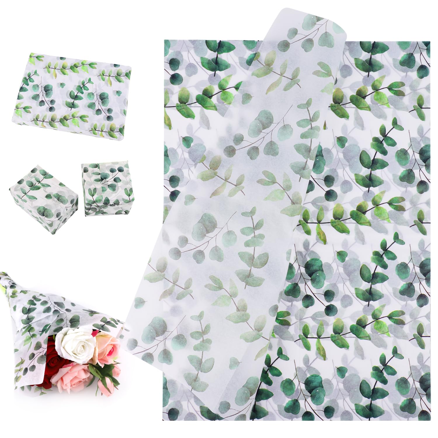 50 Hojas Papel de Seda de Hojas, 50x35cm Bohemio Papel de Seda para Envolver Papel de Seda Verde Eucalipto para Fiesta de Cumpleaños Boda Manualidades Bolsas de Regalo