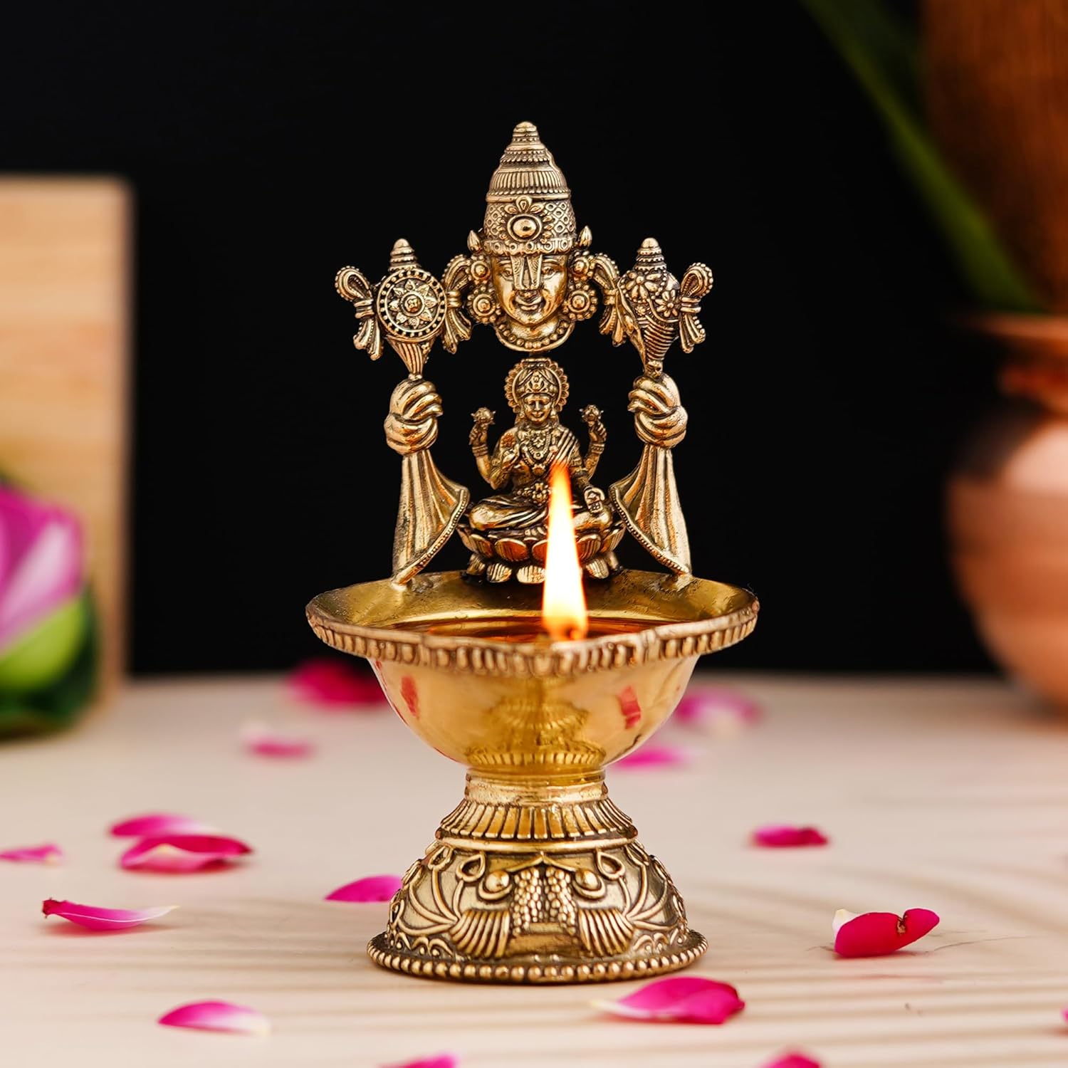 Brass 5.25 Inch Tirupati Balaji Laxmi Diya Maa Lakshmi Venkateswara Oil Wick Deepak for Pooja Room Oil Lamp Akhand Jot Deepam for Diwali Pooja Temple Home Office Daily Puja