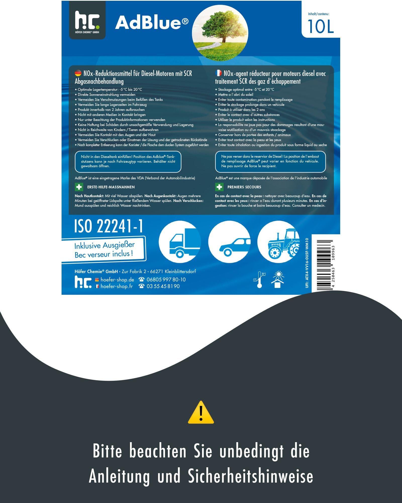 Höfer Chemie AdBlue 2 x 10L inkl. Ausgießer - Harnstofflösung für Diesel Autos - Kanister mit Ausgießer - Reduziert Giftige Stickoxide