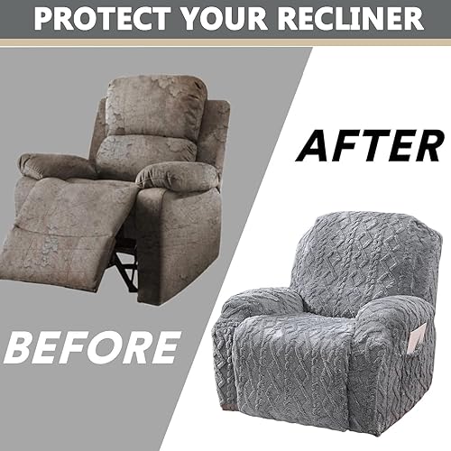 Miniatura 7 de OQHAIR Funda de terciopelo para sillón reclinable grande, 4 piezas, elástica, suave, con bolsillos, protector de muebles, color beige, 1 plaza