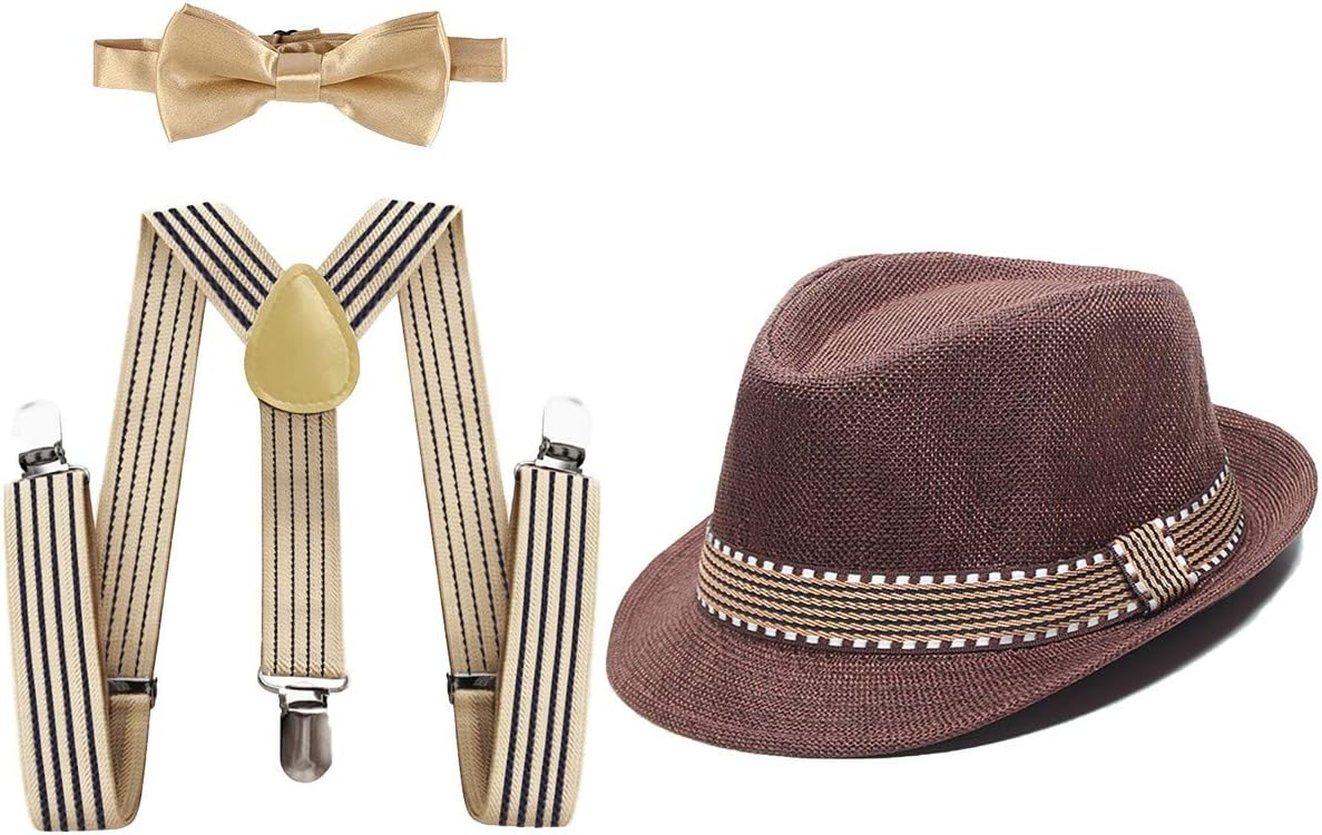 1920s Kids Costume Accessories Set Boys Party Outfits Adjustable Suspenders Pre-Tied Bow Tie Short Brim Fedora Hat
