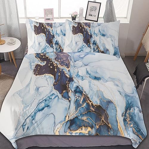 Juego de edredón estampado de mármol de acuarela azul con sábanas a juego, serie de cama colorida estilo arte retro, juego de edredón suave y ligero