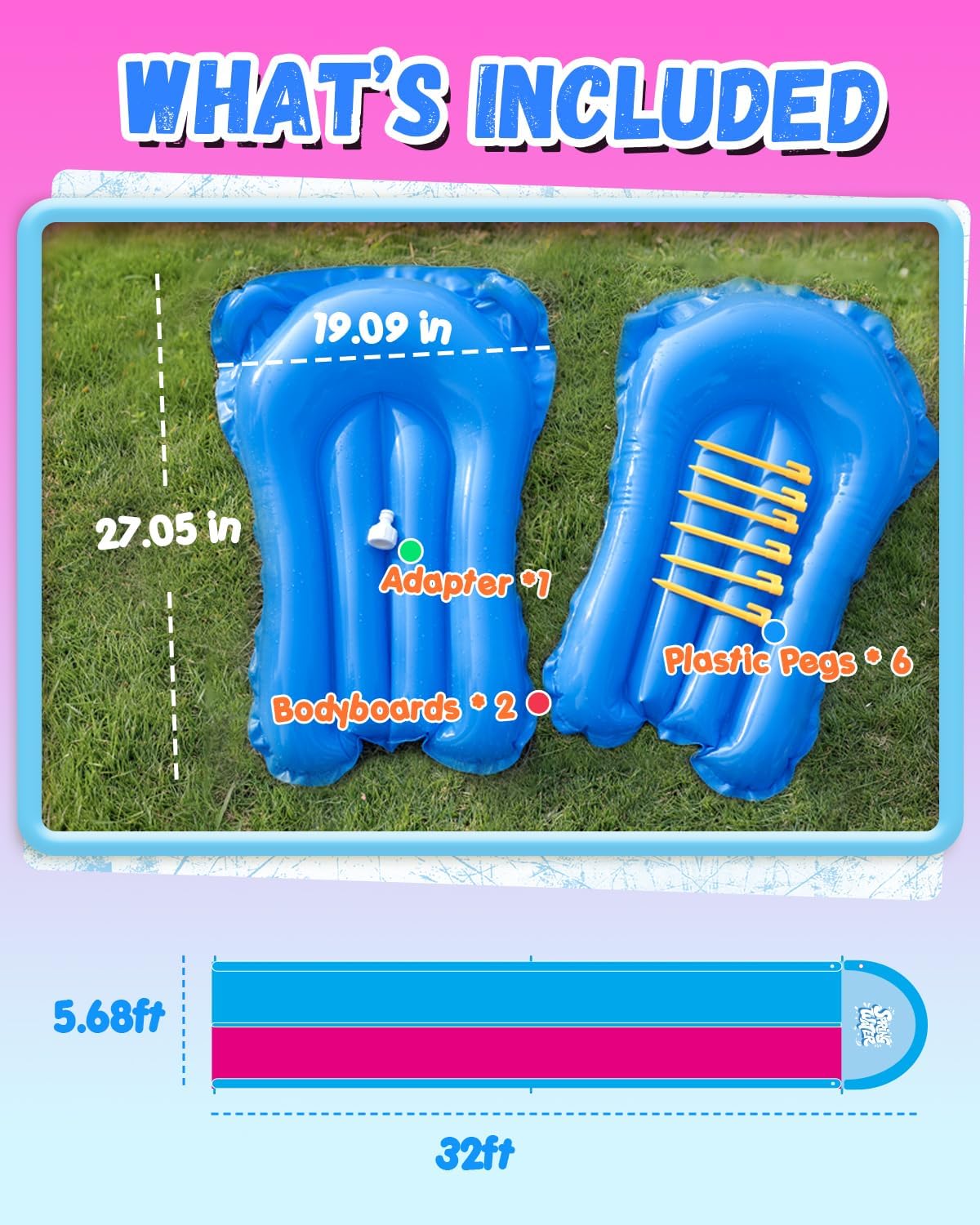 Spring Water 32ft Inflatable Slip and Water Slide for Kids, 2 Racing Lane Giant Slip n Water Slides for Backyard Heavy Duty with 2 Bodyboards, Outdoor Summer Water Toys Funs Sprinkler