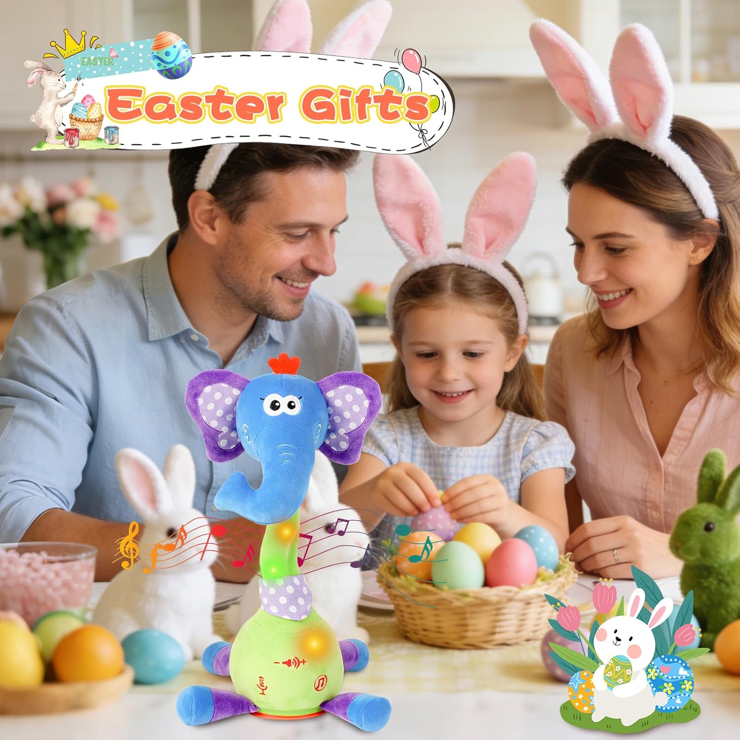 Dancing Talking Elephant Toy, Stuffed Animal Baby Toy Repeating What You Say, Easter Toys for Kids Glowing Musical Electronic with Wiggly Trunk Gifts for Toddlers 1-3 Years Old