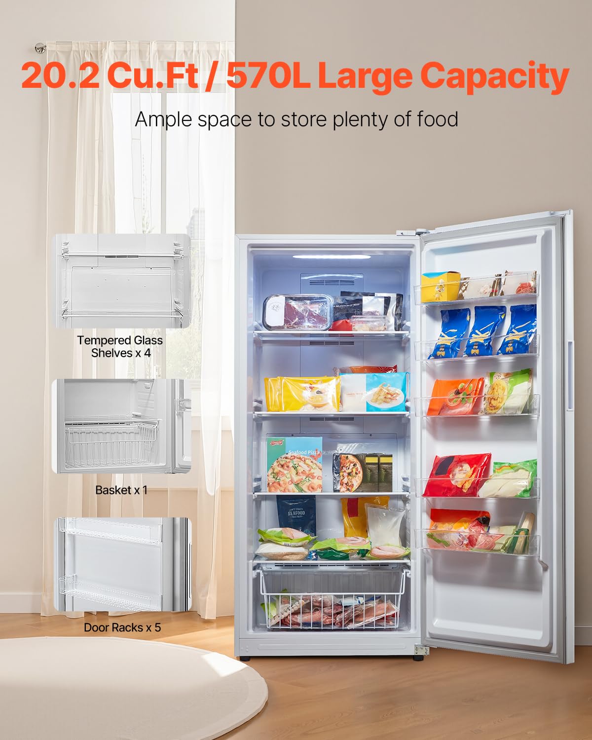 VEVOR Convertible Freezer/Refrigerator, 20.2 Cu.Ft Frost Free Upright Freezer With Temp Control Panel, Door Open Too Long Alarm, Adjustable Shelves And LED, Standing Fridge For Kitchen, Office, Garage on Fridge.com - View 3