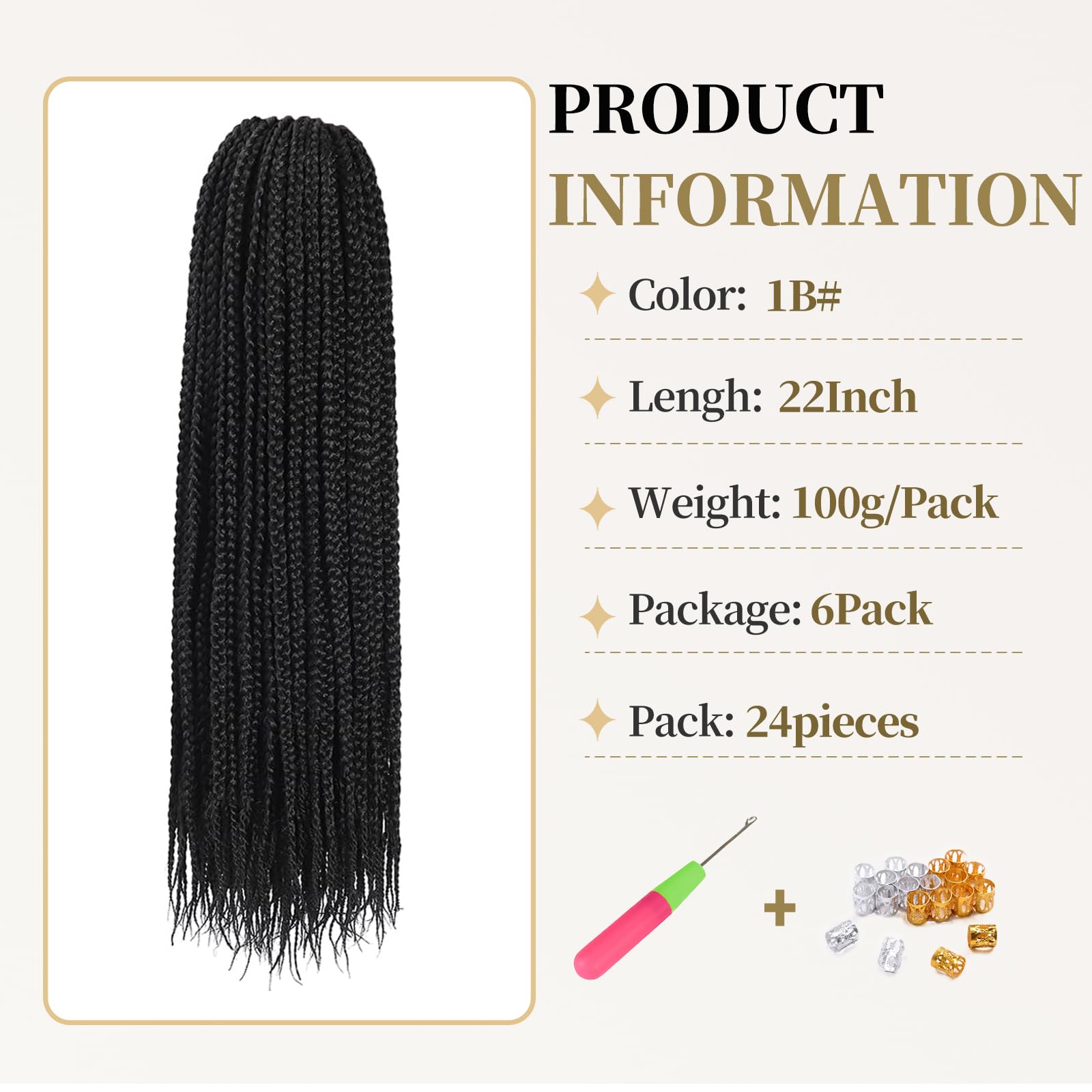 Pre-Looped Box Braids Crochet Hair Extensions - 22 Inch Goddess Synthetic Braiding for Black Women (1B) - Image 2