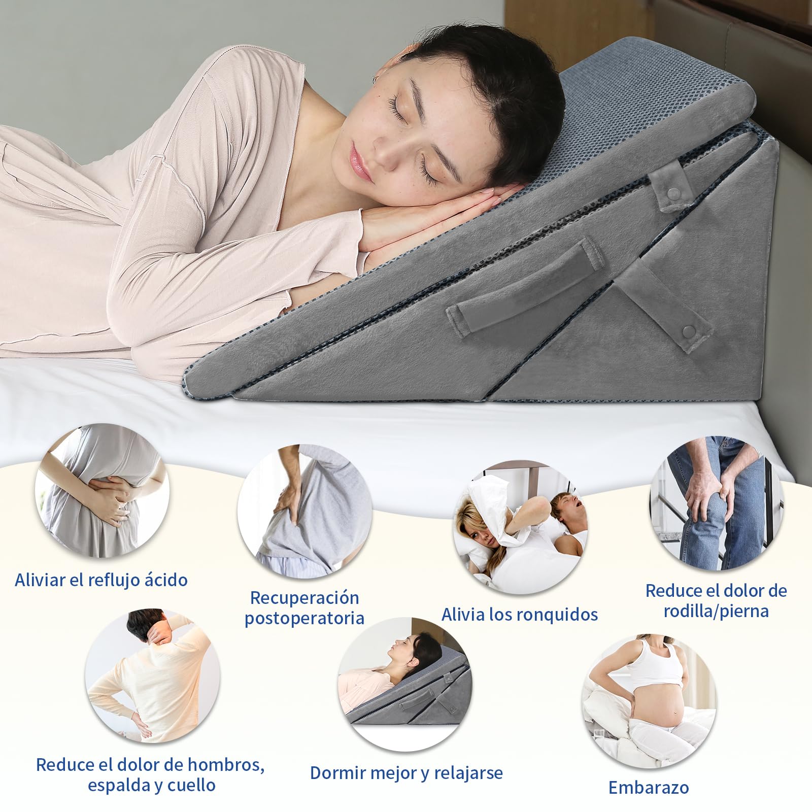 KingPavonini Almohada Cuña, Ajustable a 19, 23, 28 y 30,4 cm, Gel Memory Foam, Almohada Postquirúrgica para Soporte de Espalda, Piernas y Rodillas, Previene Reflujo Ácido, Bacterias, Acidez y Ronquido