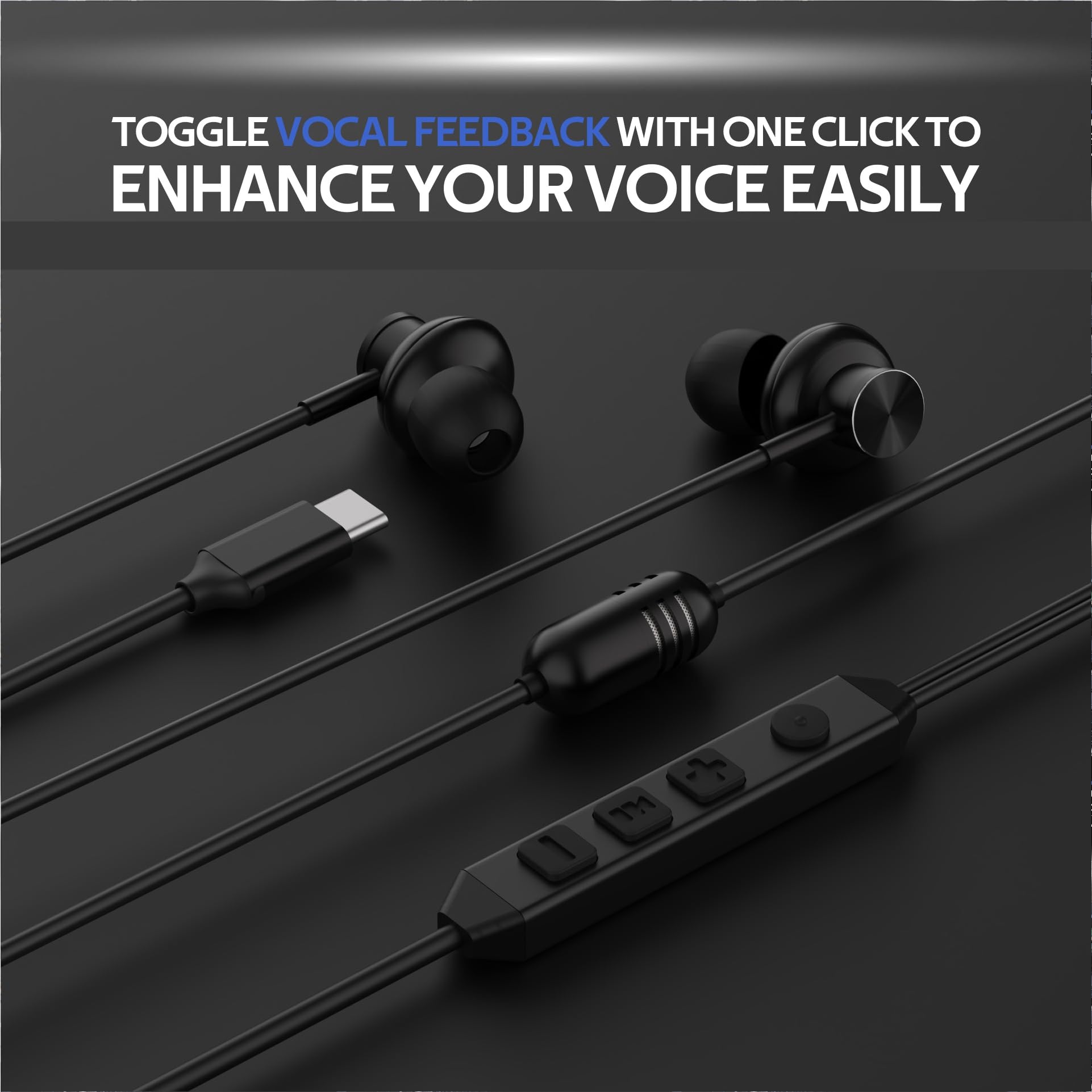 Écouteurs intra-auriculaires USB-C filaires, avec carte son haute fidélité, audio 5 modes, jeu à faible latence, amélioration vocale KTV - Noir