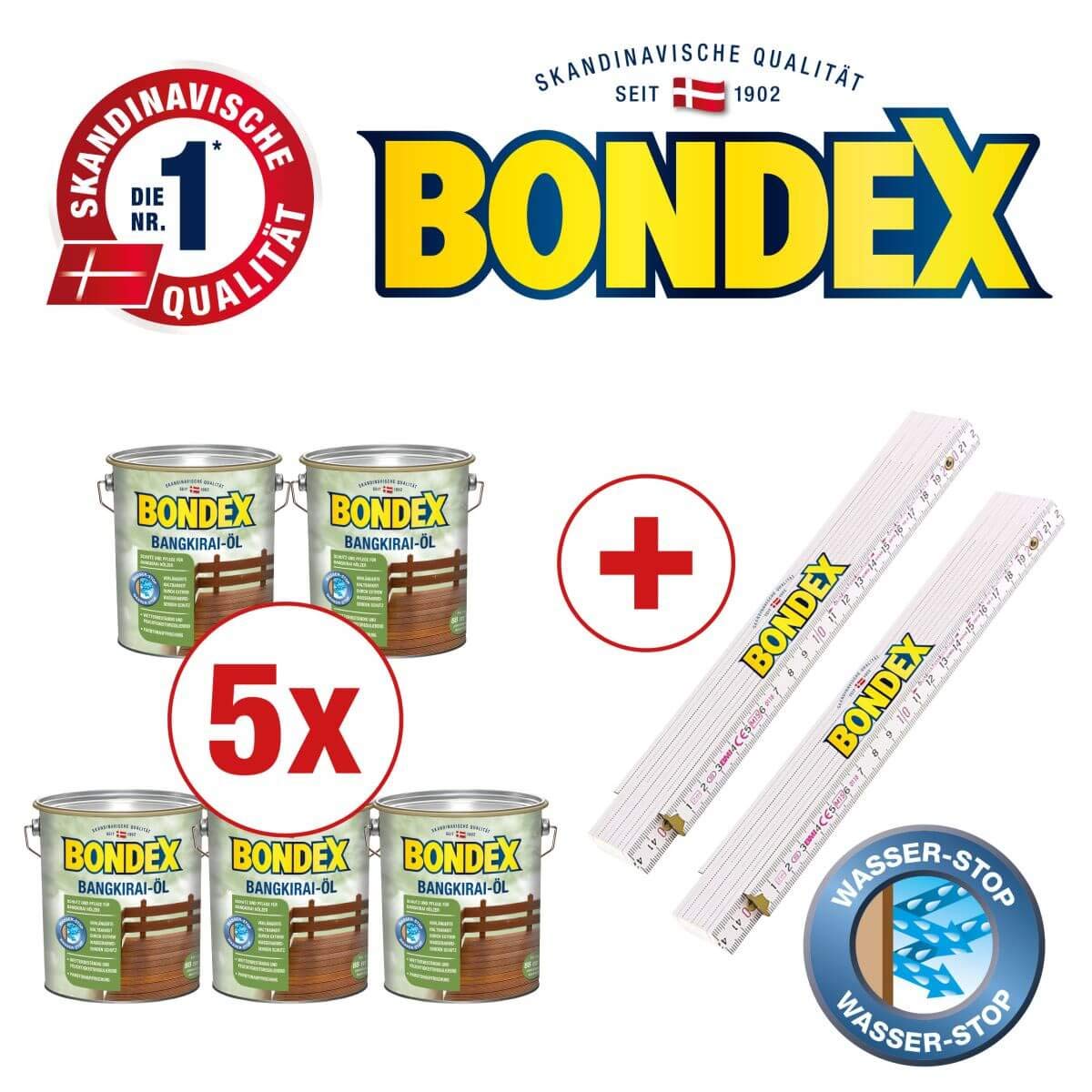 Bondex BigPack XXL 5x Bangkirai Öl Bangkirai 4,00l 329611 + 2 x Bondex Zollstock