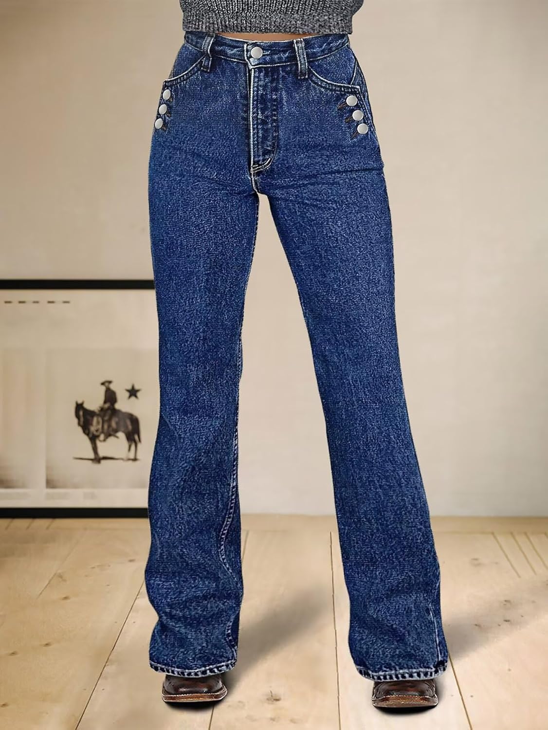 Flamingals Bootcut High Waist Button Decor Solid Trouser Jeans for Women Stretch Casual Denim Pants