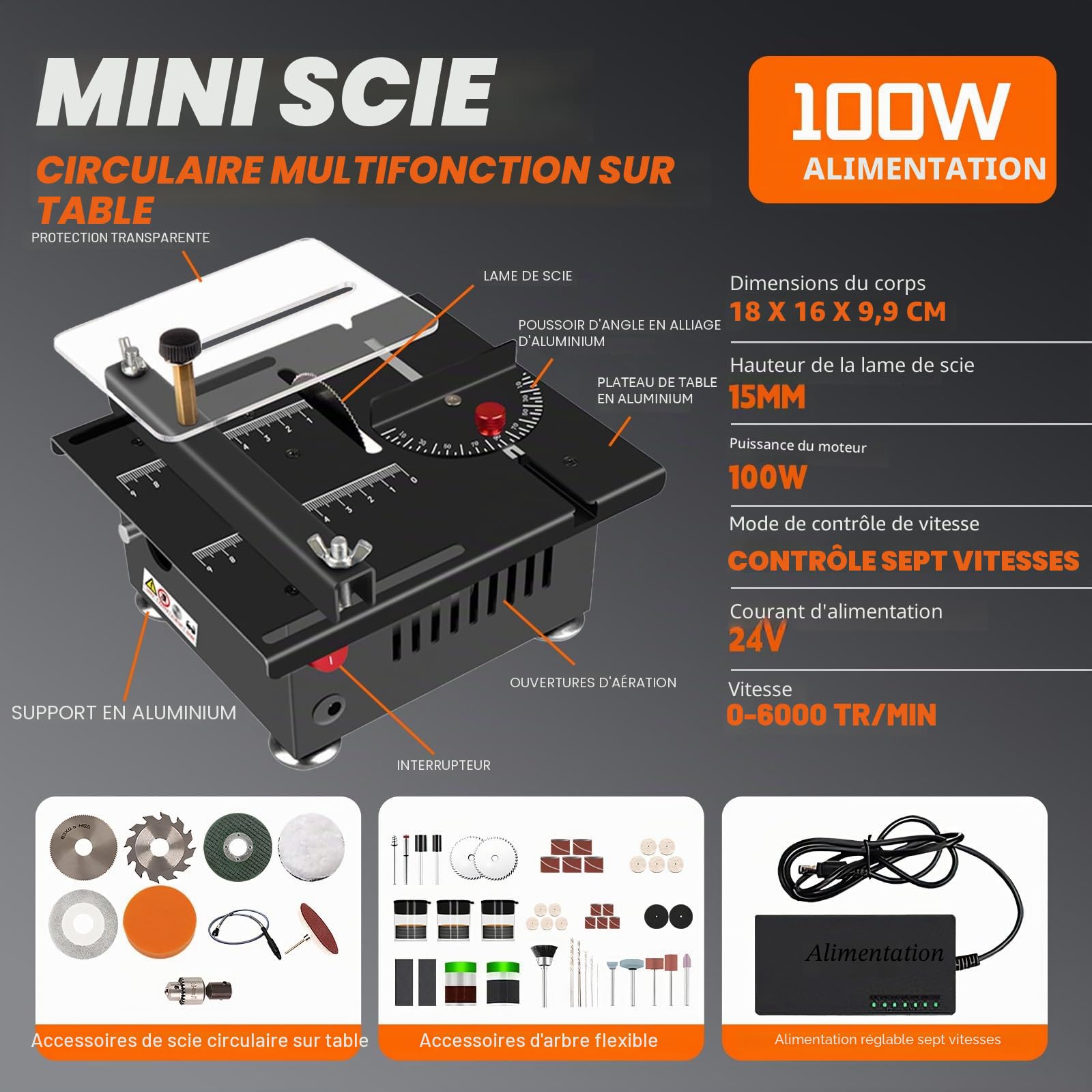 Mini scie de table portable 100 W 7 vitesses coupe 0-90° pour bois acrylique PCB