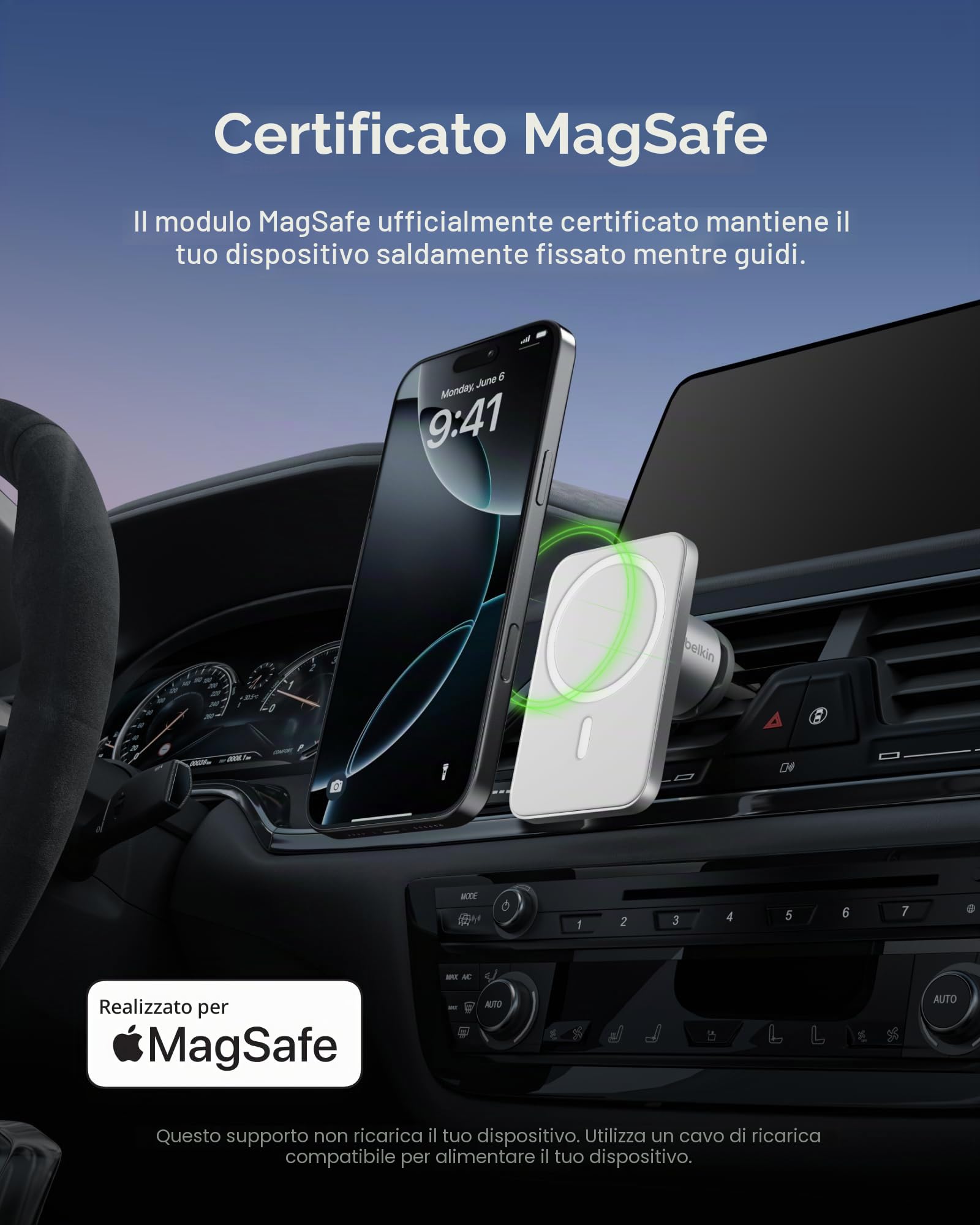 Belkin MagSafe Pro-MagSafe - Supporto magnetico per telefono da auto, accessorio per auto, supporto magnetico per telefono per iPhone 14, iPhone 13, iPhone 12 Pro Max, Pro, Mini modelli (rinnovato