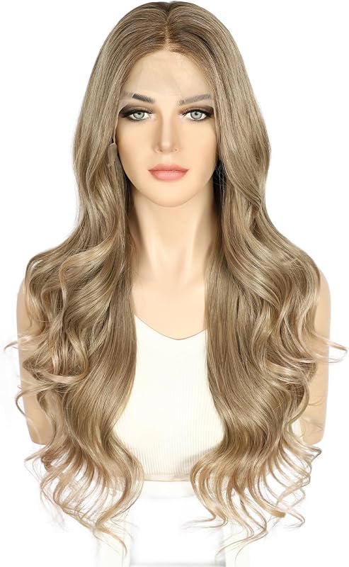 Sapphirewigs Barna Csipke Első Paróka - Hullámos Szintetikus Haj, 13x4 Átlátszó Csipke, Hőálló, Természetes Balayage, 66 cm, Állítható Méret
