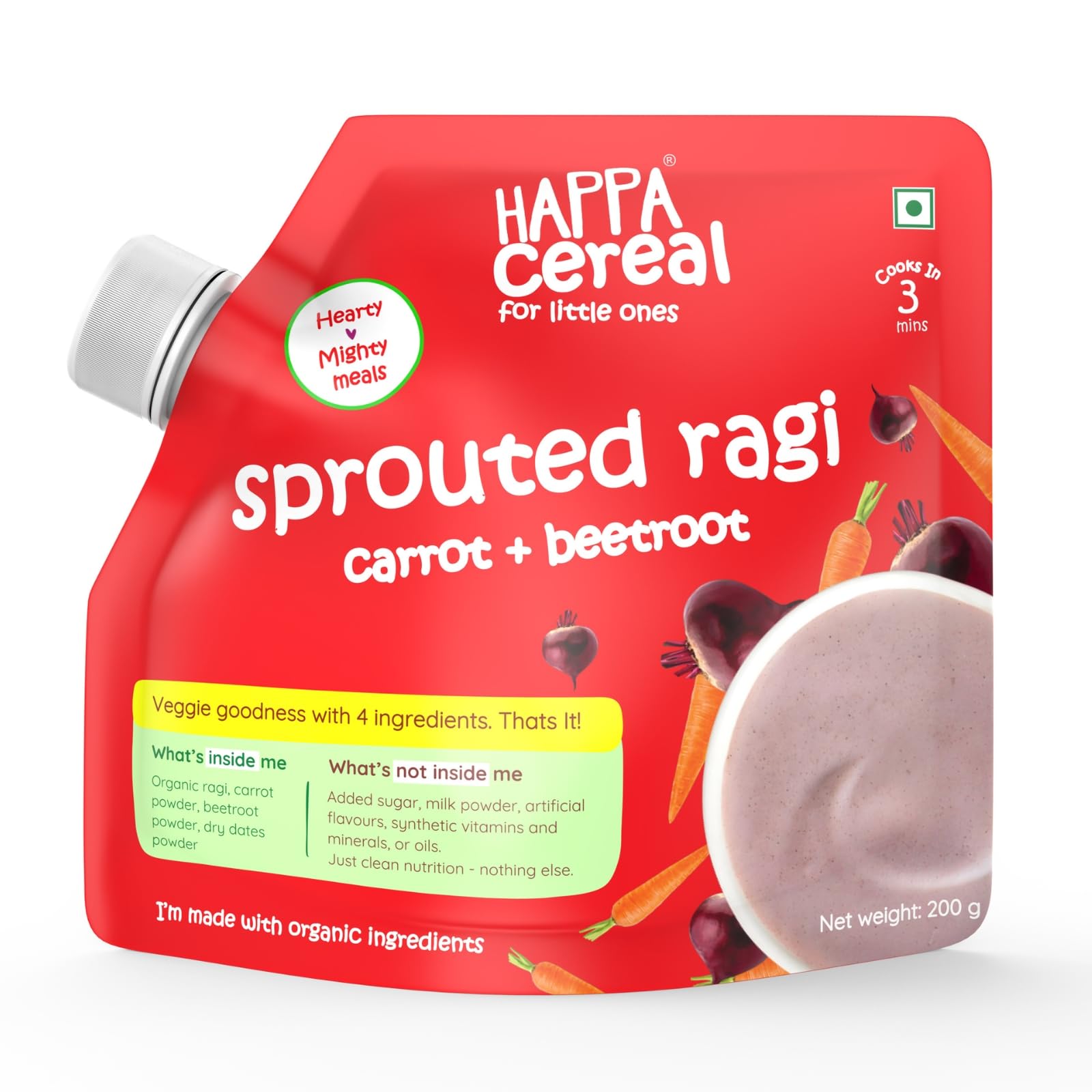 Happa Ragi Carrot Beetroot Cereal for Babies | Only 3 Ingredients | No Sugar, Oil, Milk Powder, Flavours or Colours | Traditional Porridge Recipe | Cooks in 3 Minutes | Stage 2 (6 Months+) | 200g Pack