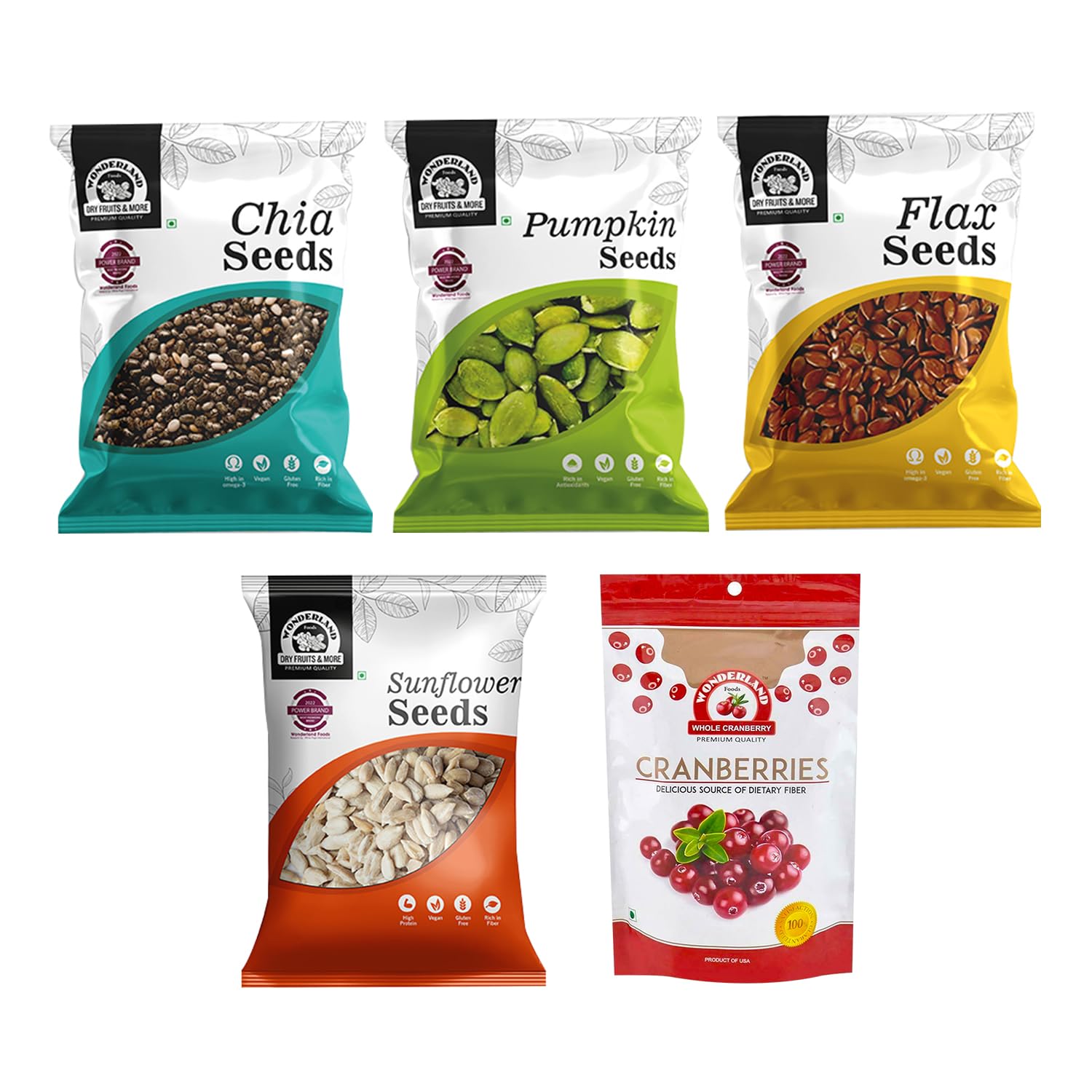 WONDERLAND FOODS Raw Chia Seeds, Flax Seeds, Pumpkin Seeds, Sunflower Seeds and Whole Cranberry Combo Pack 500g (100gX5) Pouch (B09LHPYRG5) Amazon Price History, Amazon Price Tracker