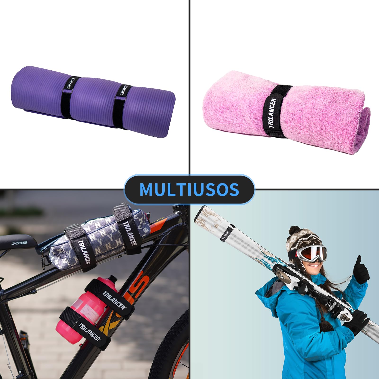 Trilancer Conjunto de 4 Correas de Sujeción Ajustables para Bicicleta, Esenciales para Transporte y Almacenamiento, Incluye Ganchos y Presillas, Soporte de Auto y Pared(65 cm x 3,8 cm)