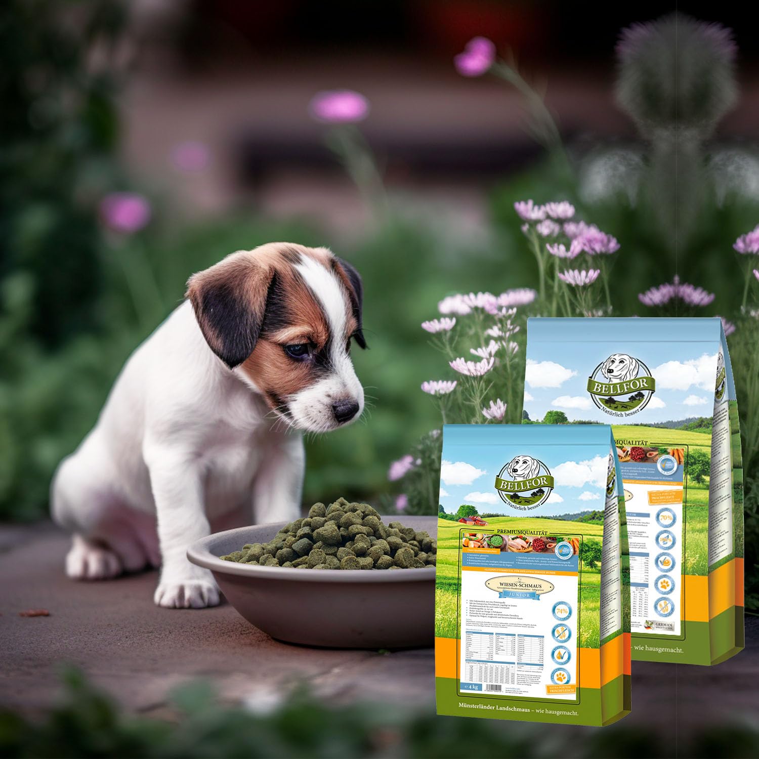 Bellfor Wiesen-Schmaus Junior Alimento seco prensado en frío con Pollo Sin Cereales para Cachorros, Perros jóvenes y Adolescentes, así como Perras gestantes y Lactantes 10 kg