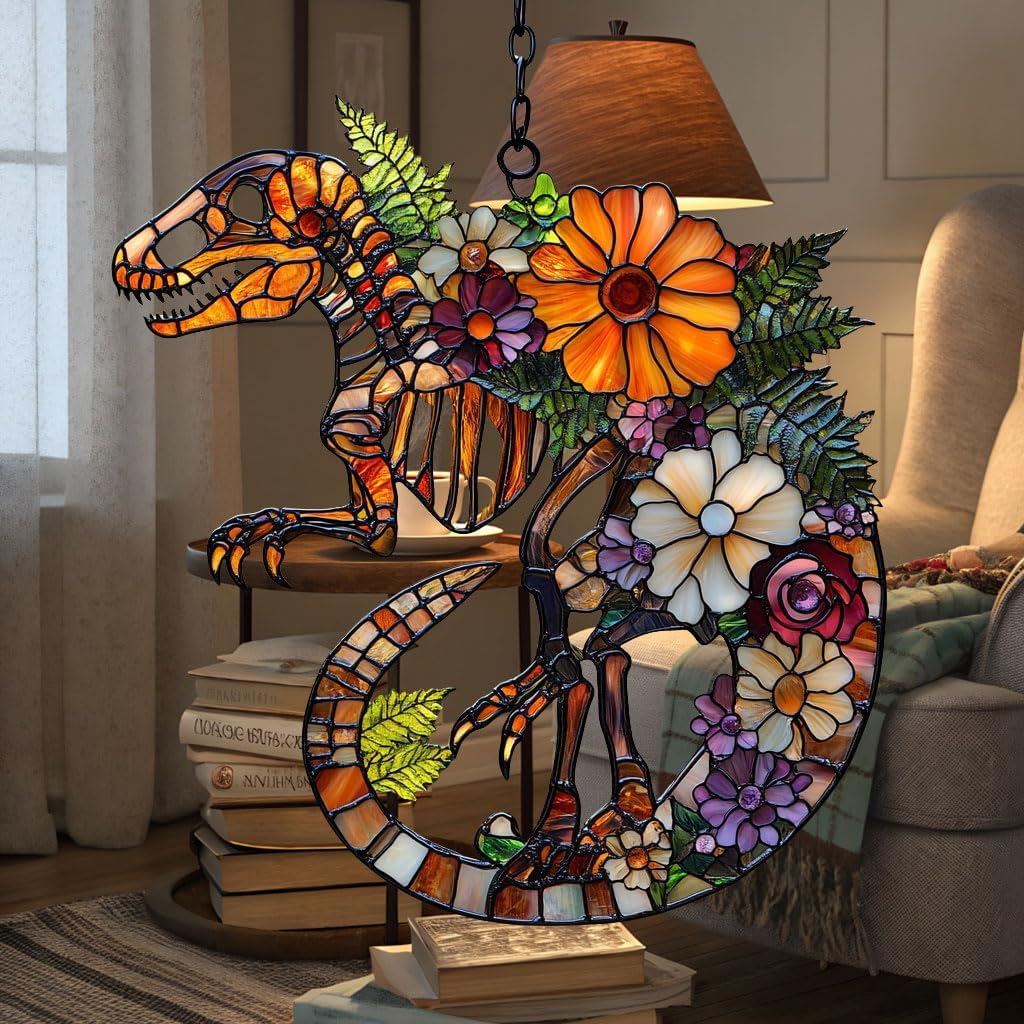 Floral Dinosaur Skeleton Acrylic Suncatcher Stained Glass Effect Window Car Hanging Christmas Ornament Indoor Outdoor Decor Garden Sun Catcher Panel for Floral Lover for Women Mom Grandma