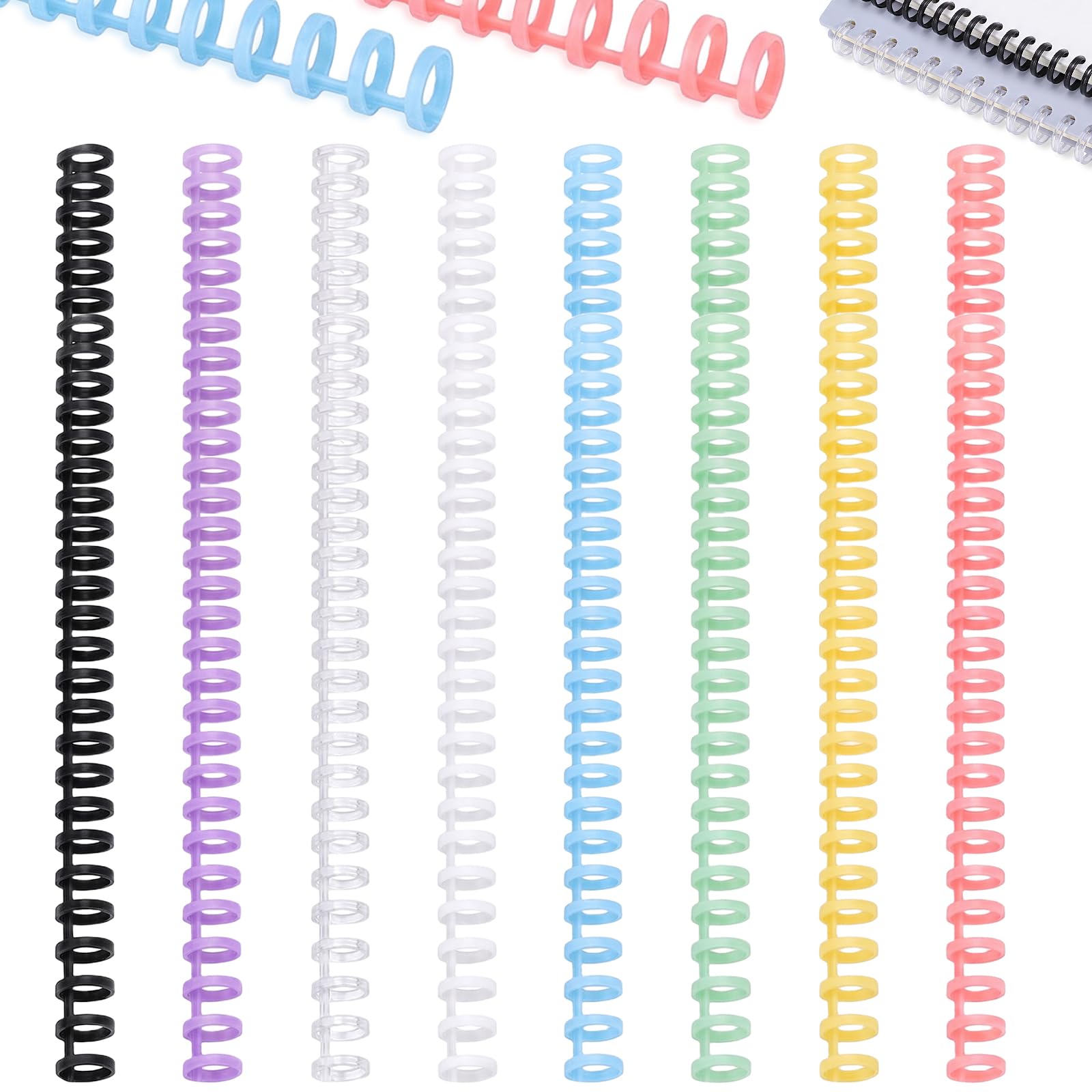 Dorsi a pettine per rilegatura, 30 anelli da 1,3 cm di diametro, spirali in plastica, dorso 3:1, per documenti e quaderni, capacità 85 fogli, 8 colori