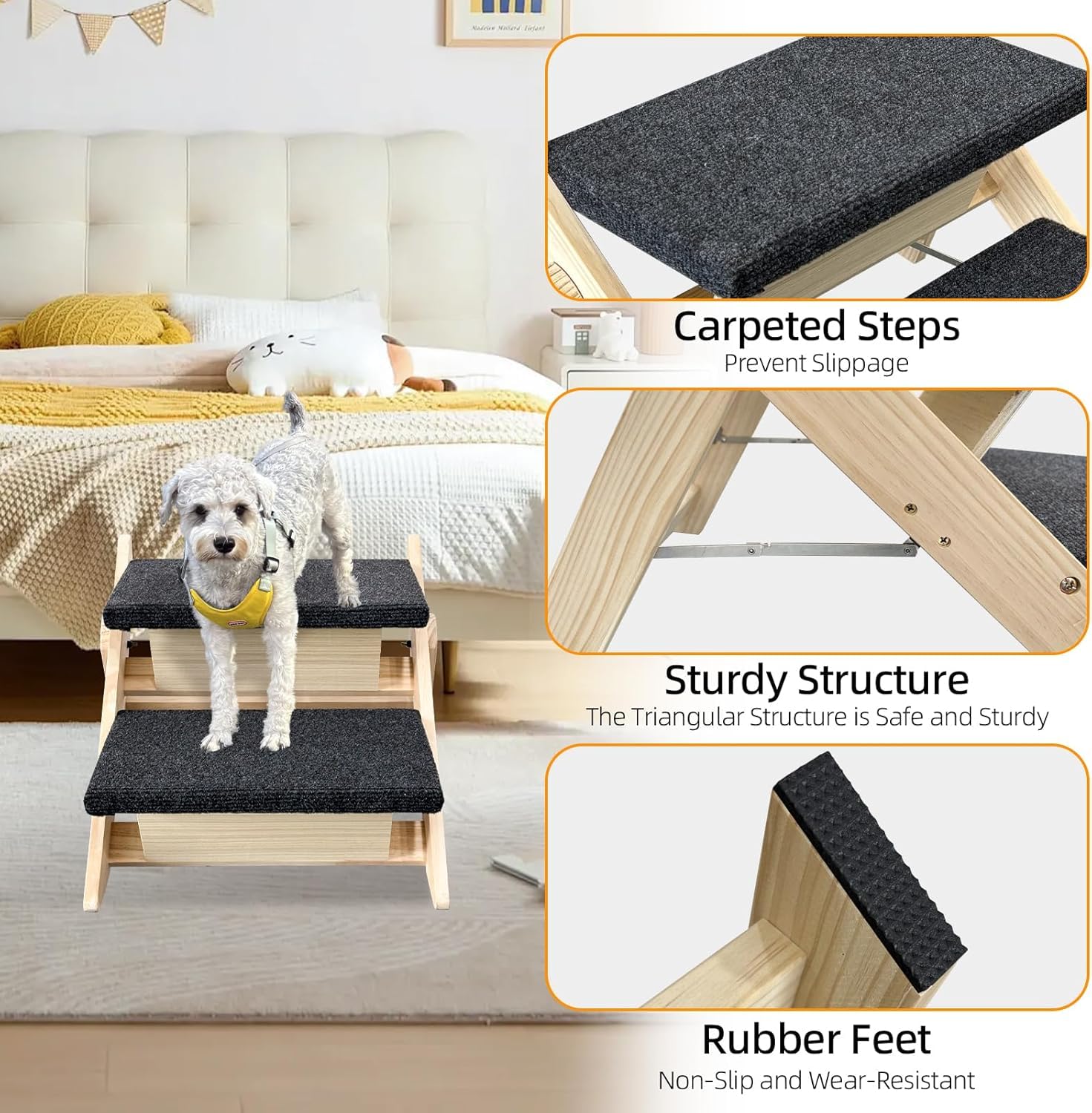 Marche et Ramp 2-en-1 pour Chien en Bois, Pliable et Portable, Échelle Antidérapante pour Lits Hauts, Canapés et Voitures (Noir, 46x33x40 cm)