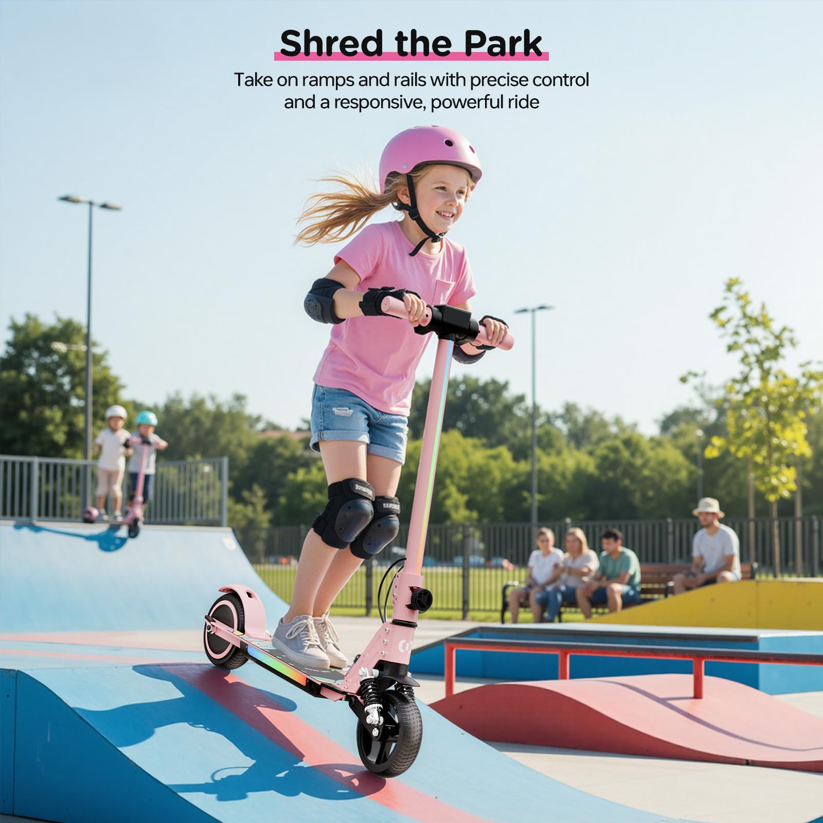 S5 Patín eléctrico para niños, Scooter Plegable para niños con iluminación LED, Ruedas Todo Terreno de 6.5", Velocidad hasta 14 km/h, para Edades de 6 a 14 años, Rosa