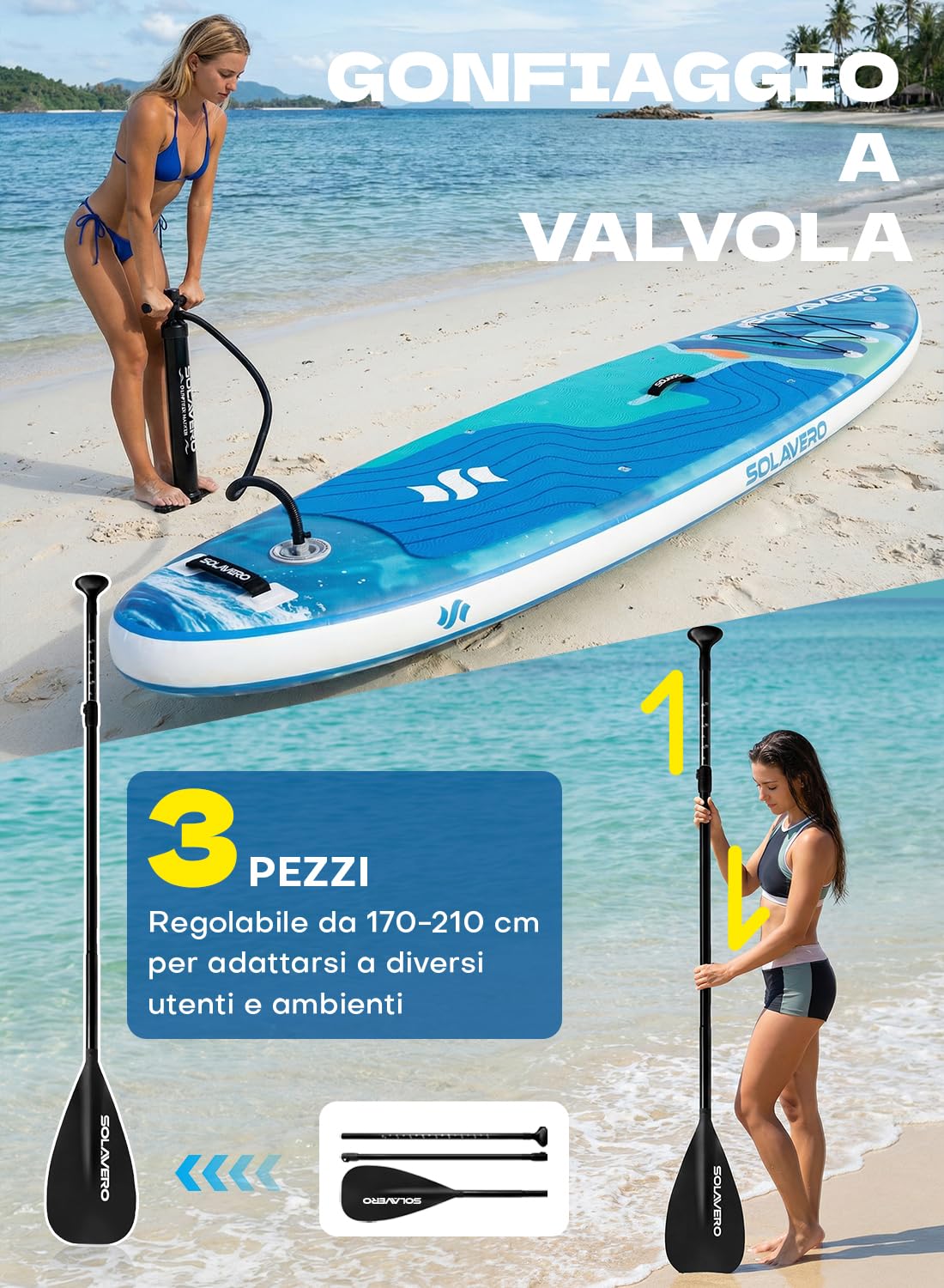SOLAVERO Tavola da Sup Gonfiabile, 335 x 83 x 15 cm Tavola da Paddle con Antiscivolo EVA, Pagaia Regolabile, 3 Pinne, Surf Gonfiabile per Tutti i Livelli di Abilità, Fino a 200kg