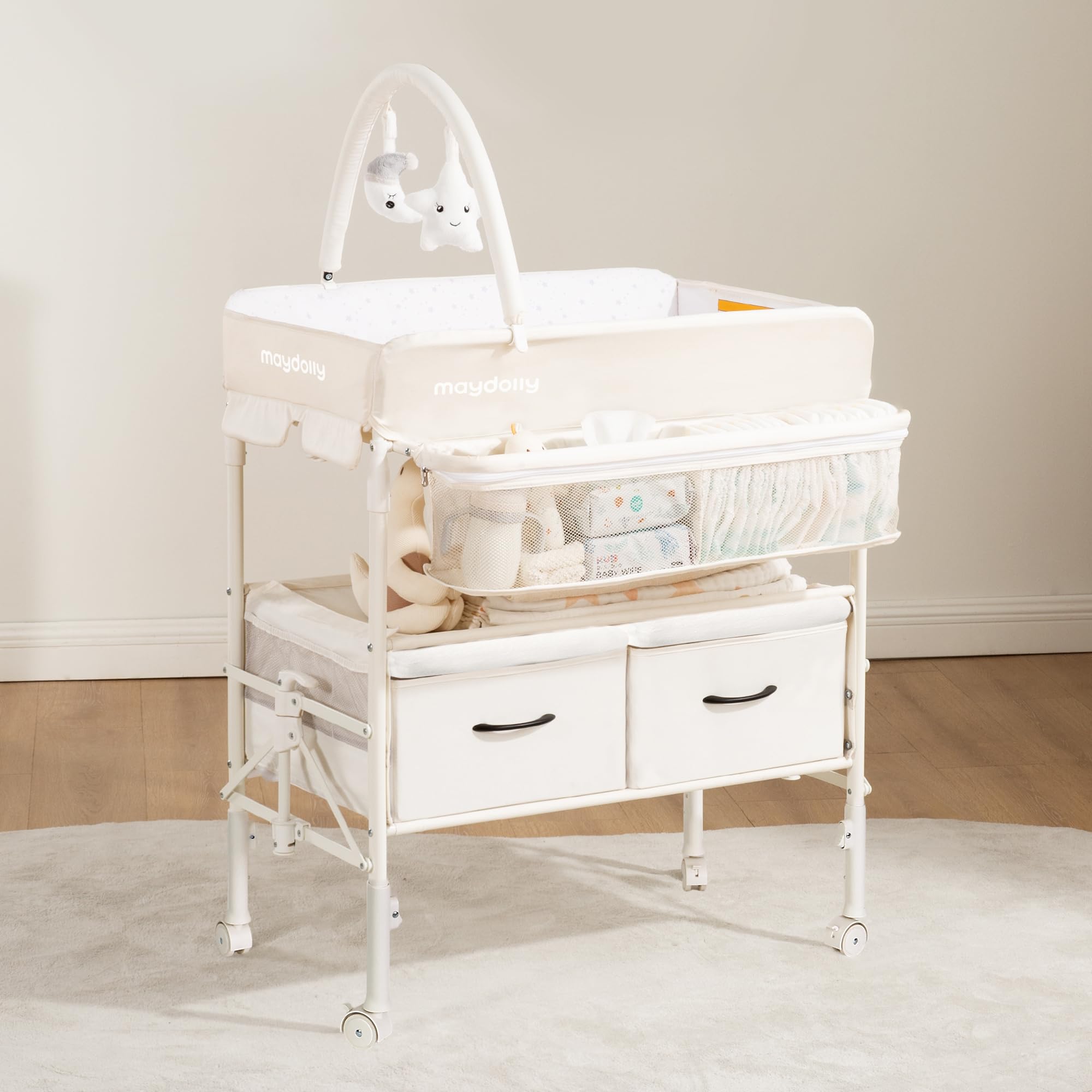 Maydolly Table à Langer Bébé Pliante avec Roulettes - Hauteur Réglable, Plan à Langer Mobile avec Matelas Imperméable & Grand Rangement, Structure Stable pour Nouveau-né, Beige