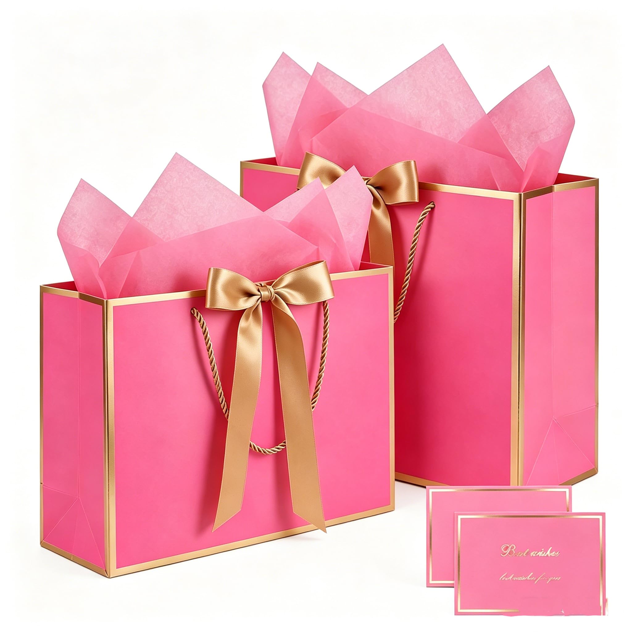2PCS Gift Bags Set, 12.6×10×4 Inches Large Gift Wrap Bags with Handles 4 Tissue Paper 2 Ribbon 2 Greeting Cards, Cute Present Bag for Wedding Birthday Engagement Party Favor (Rose Red and Gold)