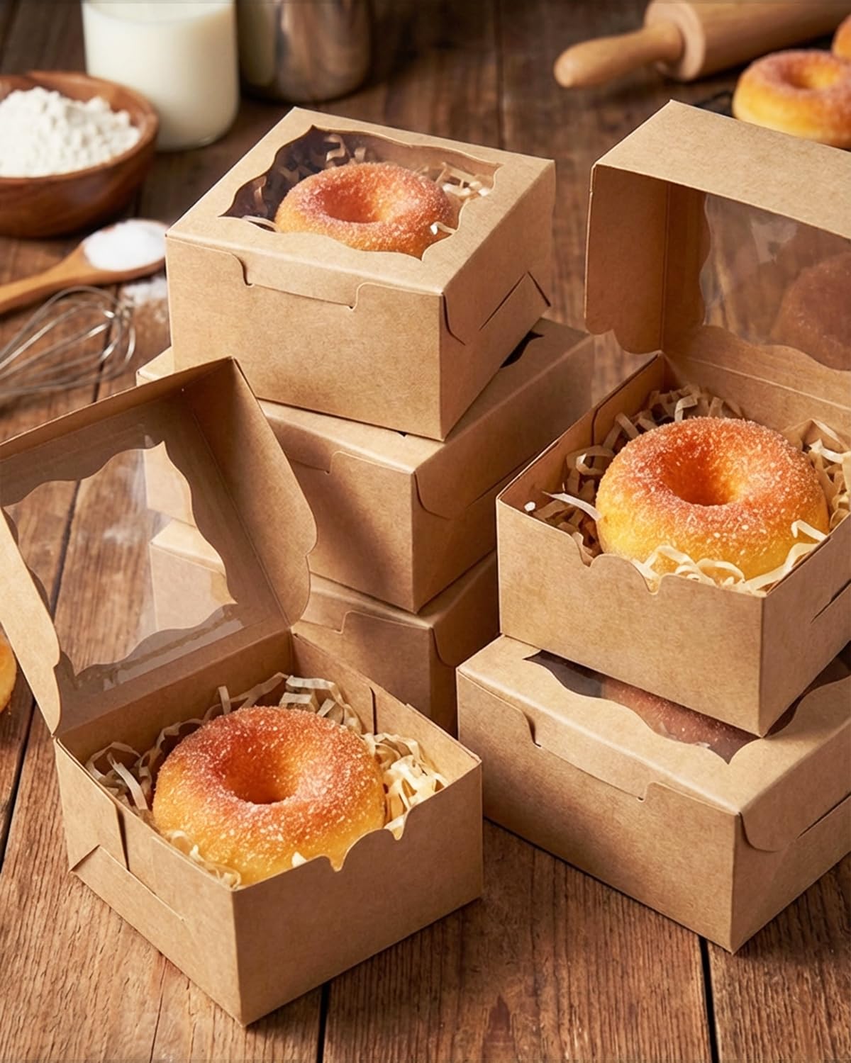 Gcardist 200 cajas de panadería marrones con ventana de 10,16 x 10,16 x 6,35 cm, cajas de macaron, pequeñas cajas de donuts y pasteles para fiestas, minilatas de galletas (4" x 4" x 2,5")