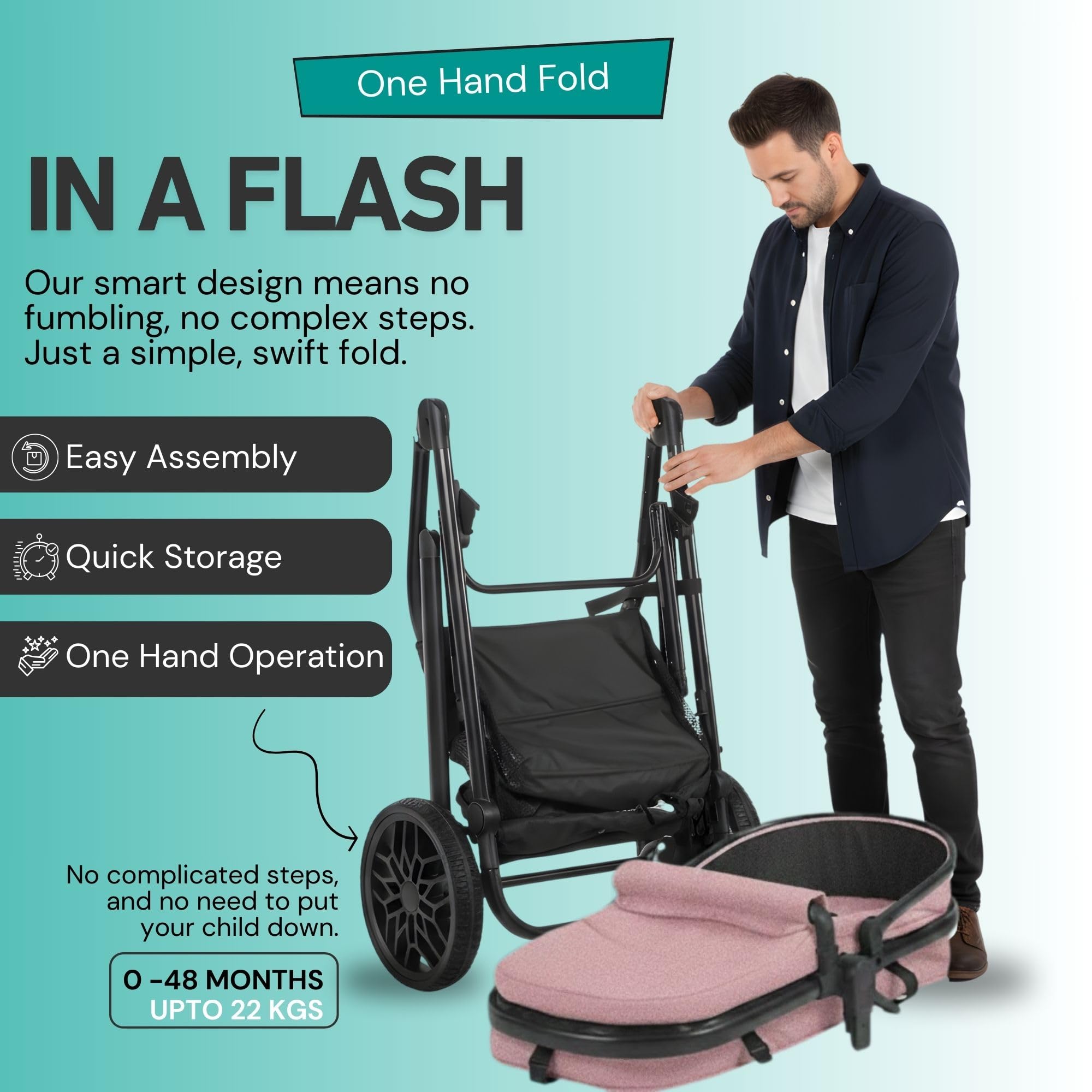 Lejoux™ Avant - Passeggino pieghevole con navicella, imbracatura a 5 punti, sedile regolabile, cestino sovradimensionato e pieghevole con una mano, ruote girevoli e parapioggia inclusi, colore: rosa