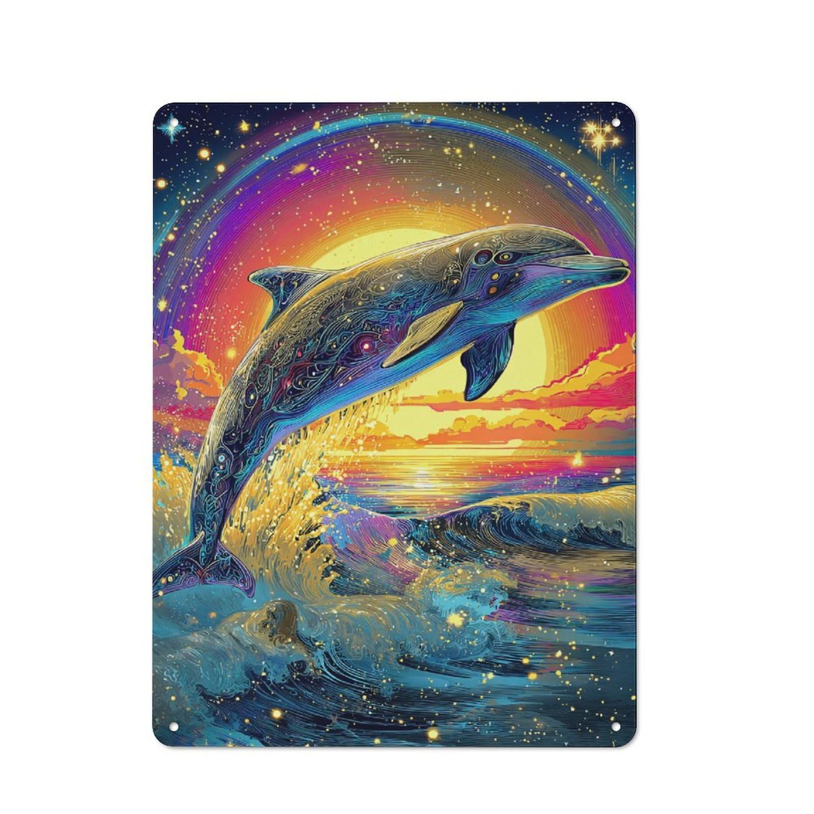 Junmoney Colorful Dolphin Sunset Artwork -1 Metal Sign 40X30cm With For Hallway Wall, Retro Decor, Autumn Home Decor For Collectors Of Metal Signs