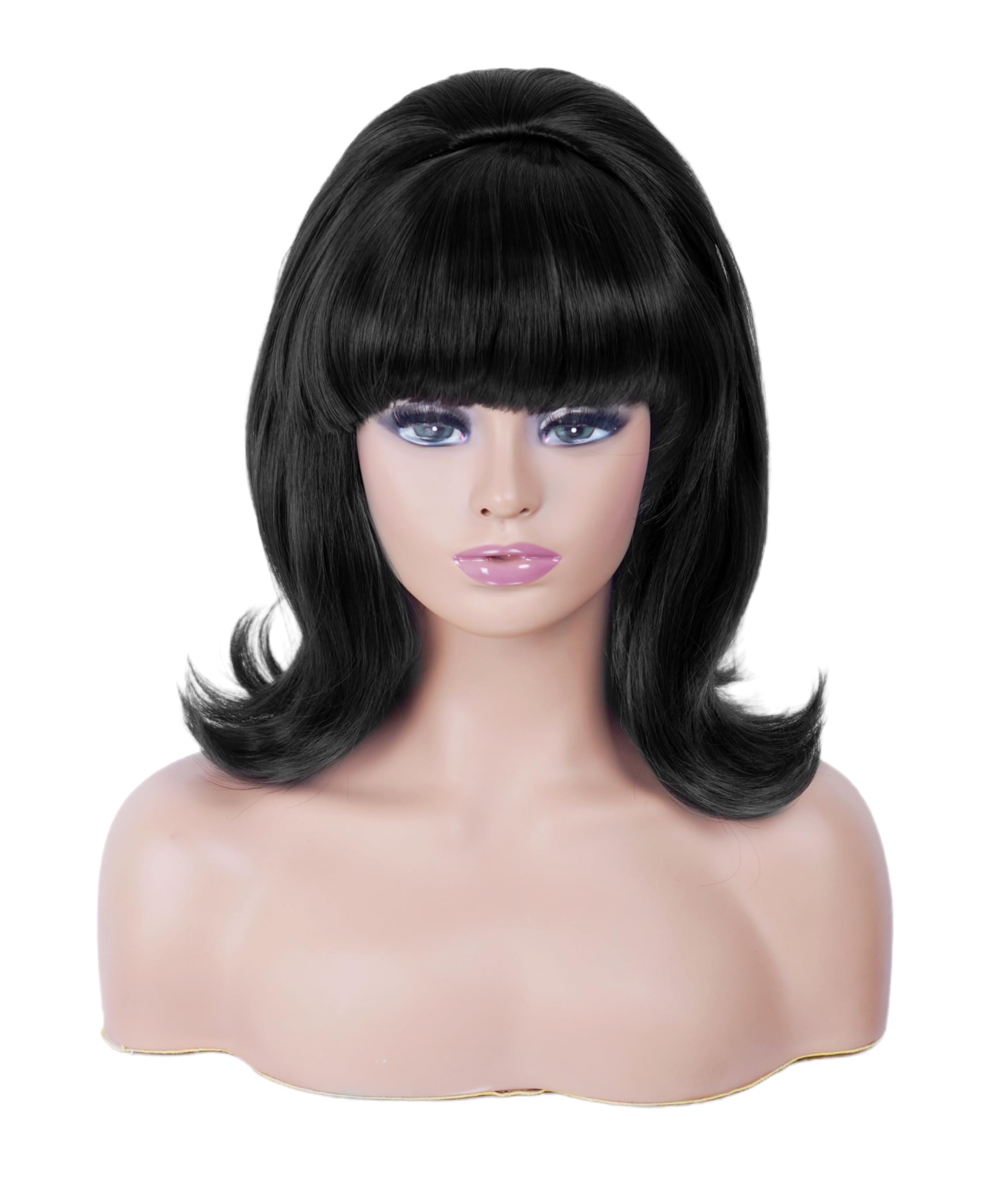 Short Black Wig with Bang Retro Bouffant Beehive Wigs fits 80s Costume or Halloween Party