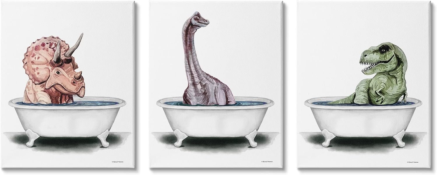 Stupell Industries Fun Dinosaurs Bathroom Tubs 3pc Canvas Wall Art Set, Design by Rachel Nieman