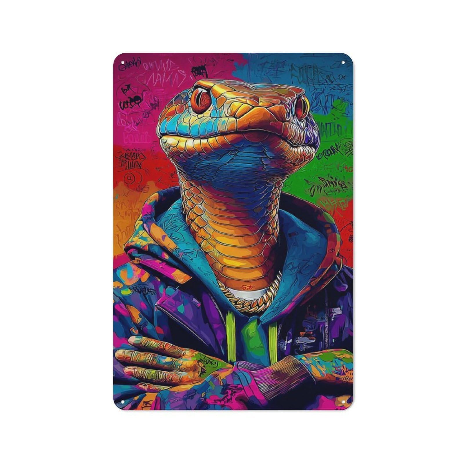 Junmoney Colorful Snake Hoodie Artwork -1 Vintage Metal Sign 30X20cm For Lounge Or Reading Corner, For Garage, Workshop And Man Cave Decoration