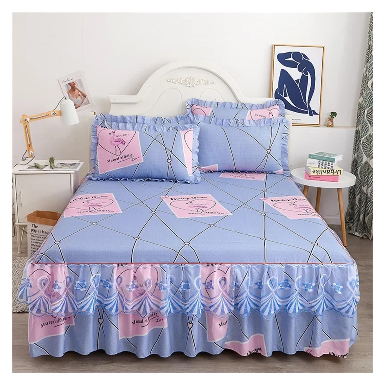 Falda de cama de encaje estampado de 150 cm con funda de colchón antideslizante