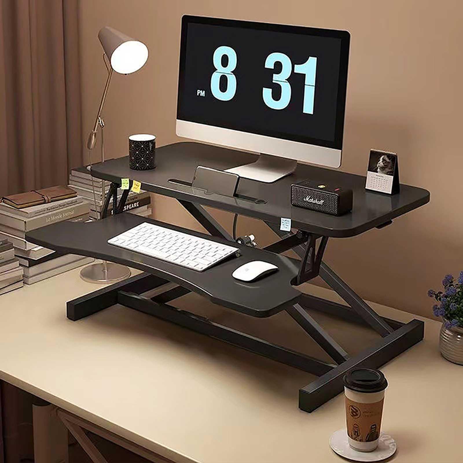 Wensprt Standing Desk Converter, Double Layer Pneumatic Stand Up Desk Riser with A Keyboard Tray and Slot Design, Height Adjustable Computer Workstation for Laptops Dual Monitor Standing Work Desk (A)