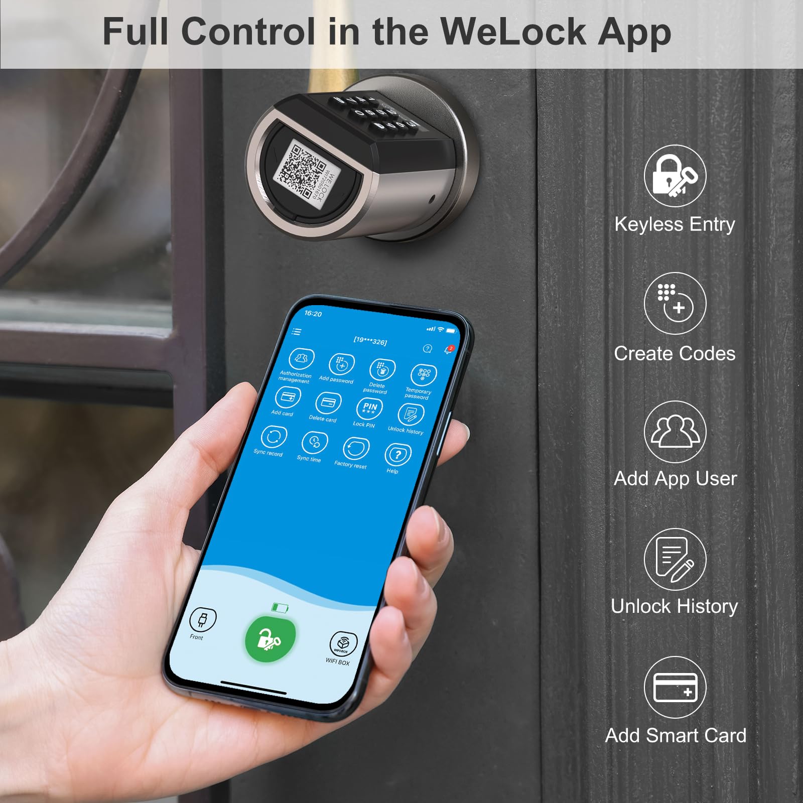 WELOCK PCB41 Elektronisches Türschloss Haustür, Code Smartes Türschloss | IP65 Wasserdichtes Elektronisches Türschloss mit RFID-Karte und APP, Geeignet für Türen von 50-100mm Dicke