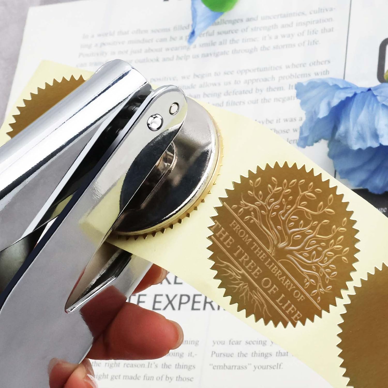Silver Book Embosser Kit for Wedding Invitations, Journals Decor, Library Embosser Stamp Tool with Storage Box & 10 Pcs Gold Stickers, Gift for Book Lovers(Tree of Life)