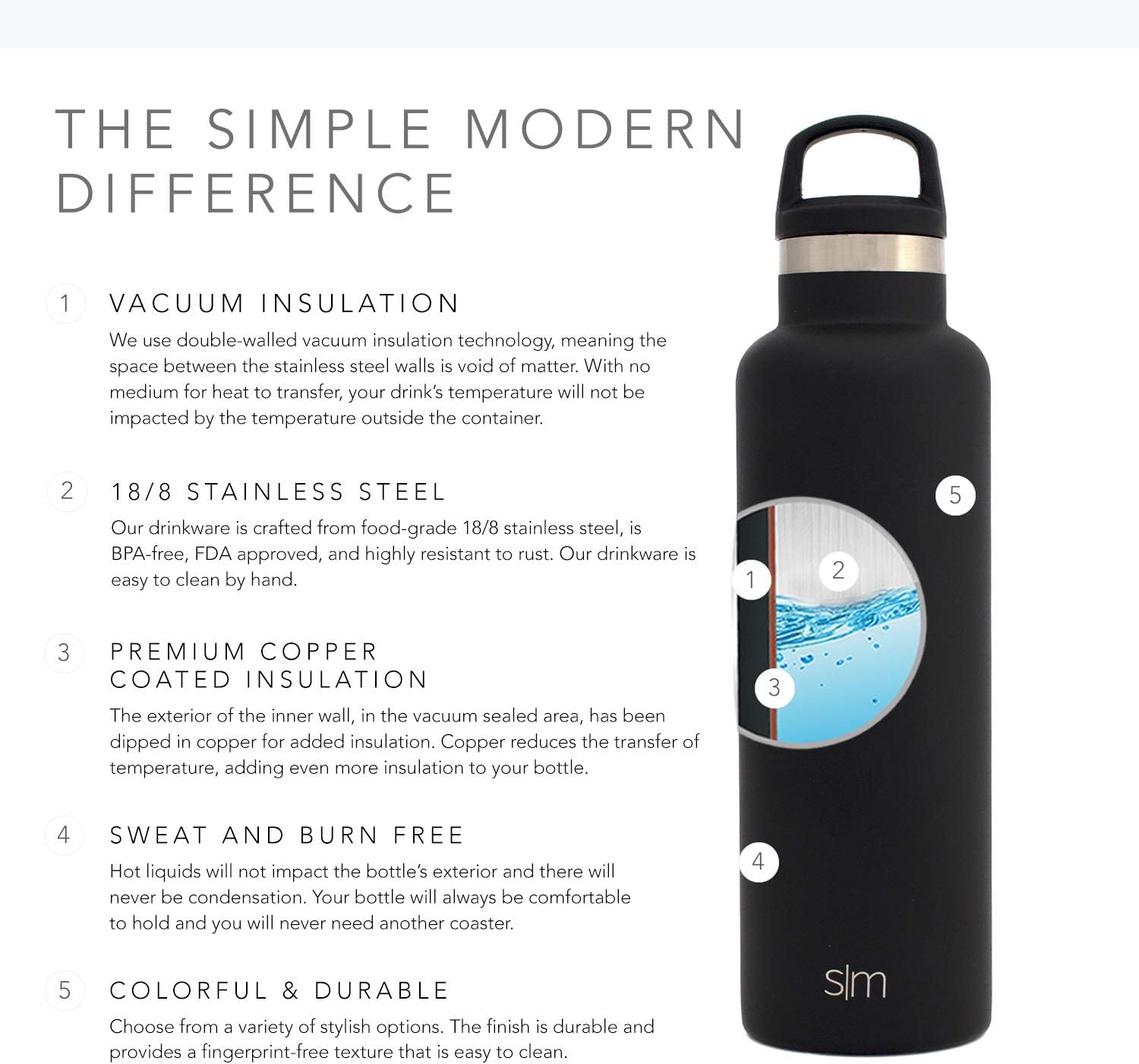 Simple Modern Insulated Water Bottle with Handle Lid Small Reusable Ascent Narrow Mouth Stainless Steel Thermos Flask, 12oz Handle Lid, Midnight Black