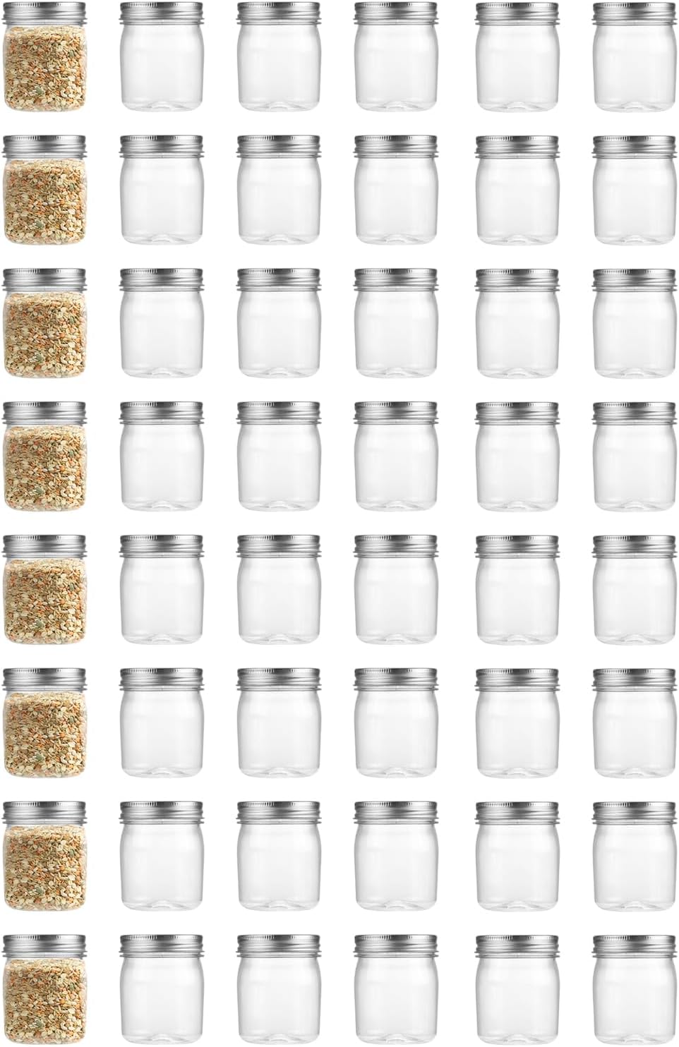 8 Ounce Clear Plastic Mason Jars With Screw On Lid, Reusable Empty Jars for Food Storage, Round BPA Free Containers for Sealing, Dry Food, Snacks, Candies, Breakage-proof (Silver, 48 Pack 8 Ounce) Silver 48 Pack 8 Ounce
