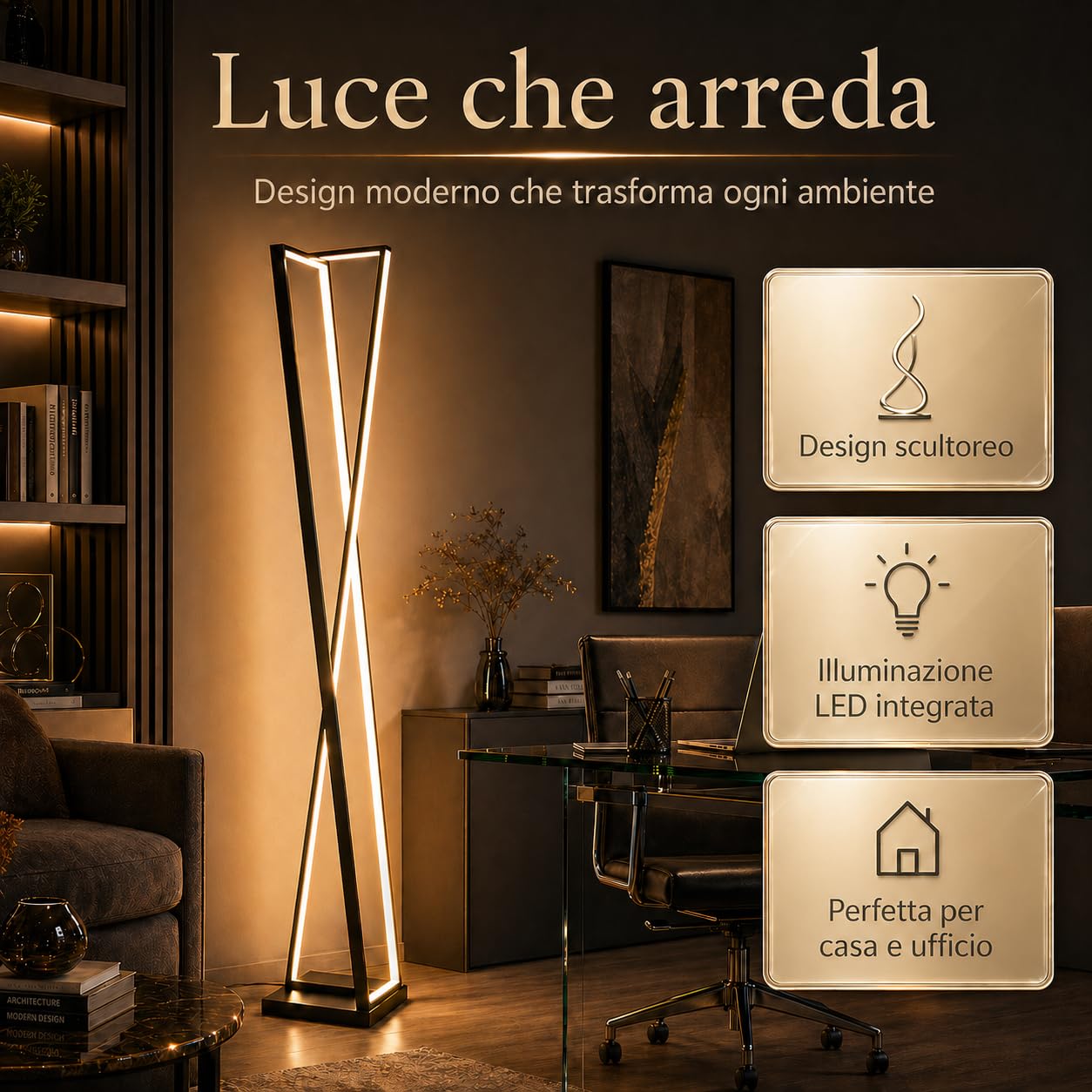 Arcadia Lampada da Terra LED Moderna Forma di Clessidra | Piantana Design Contemporaneo | Luce Calda/Fredda | Lampada Salotto Camera da Letto Studio, Arredo Interni Elegante 125 cm 3000 Lumen (Nero)