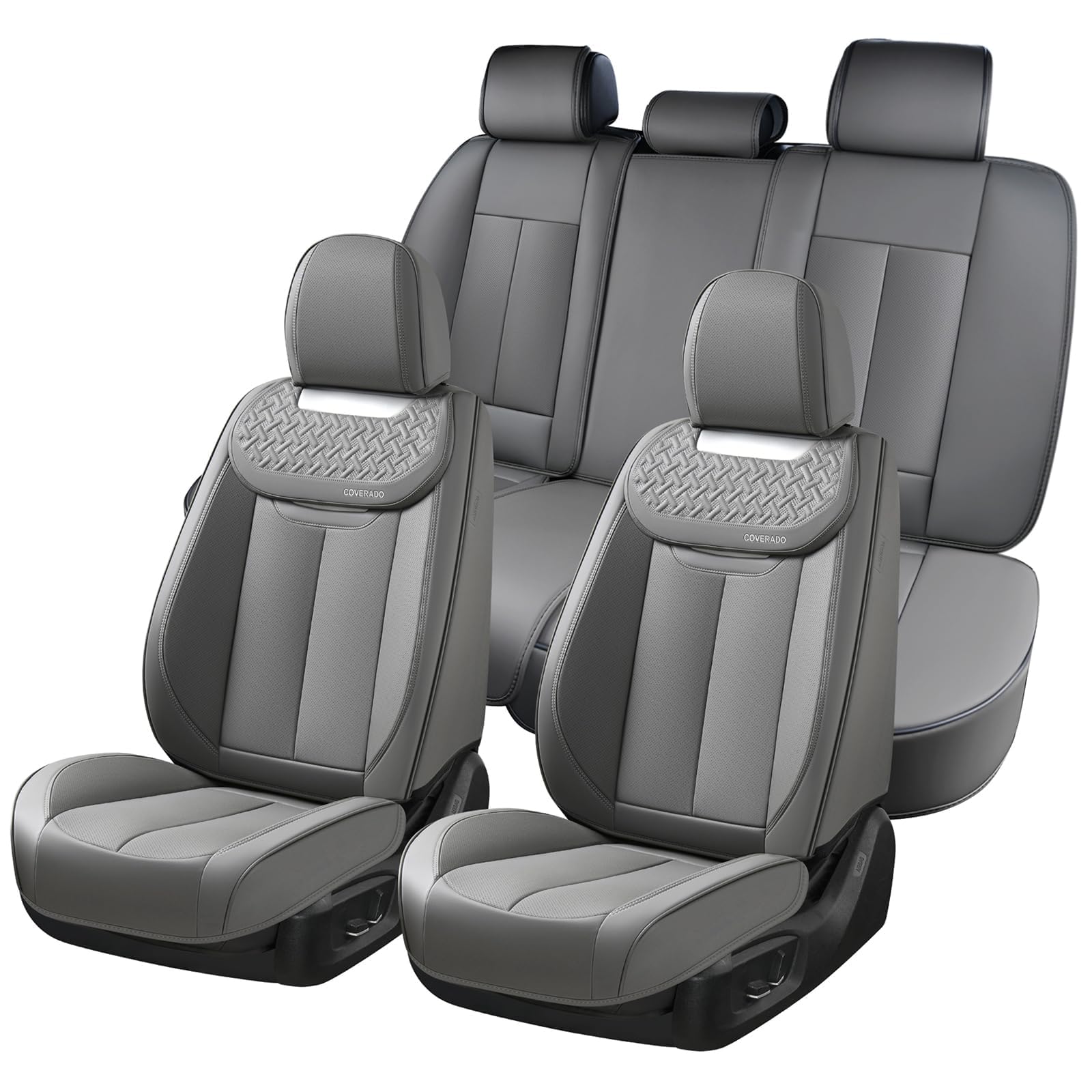 Coverado Car Seat Covers Full Set, Luxury Leather Car Seat Cover, Front and Back Seat Covers for Cars, Waterproof Car Seat Protector, Automotive Seat Covers Universal Fit Most Cars(Gray)