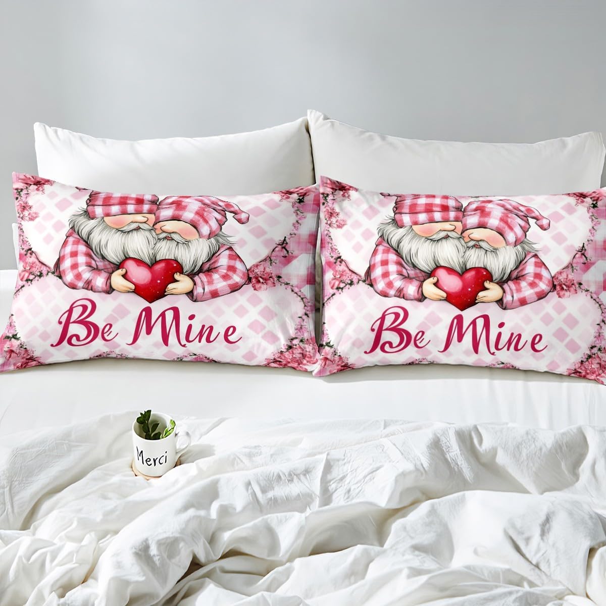 Gnome Couple Duvet Cover Set Toddler Size,Happy Valentine's Day Bedding Set for Kids Boys Girls,Pink Geometric Grid Comforter Cover,Romantic Flowers Leaves Bedding Set 2 Pcs with 1 Pillowcase