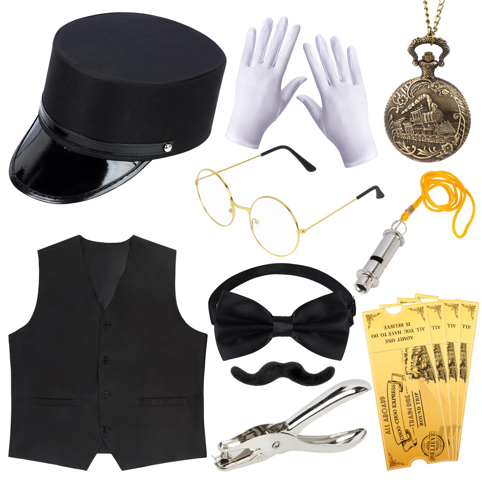 Kyson 21 Pcs Train Conductor Costume Christmas North Pole Express Costume Accessories Set for Men Women Halloween (Black)