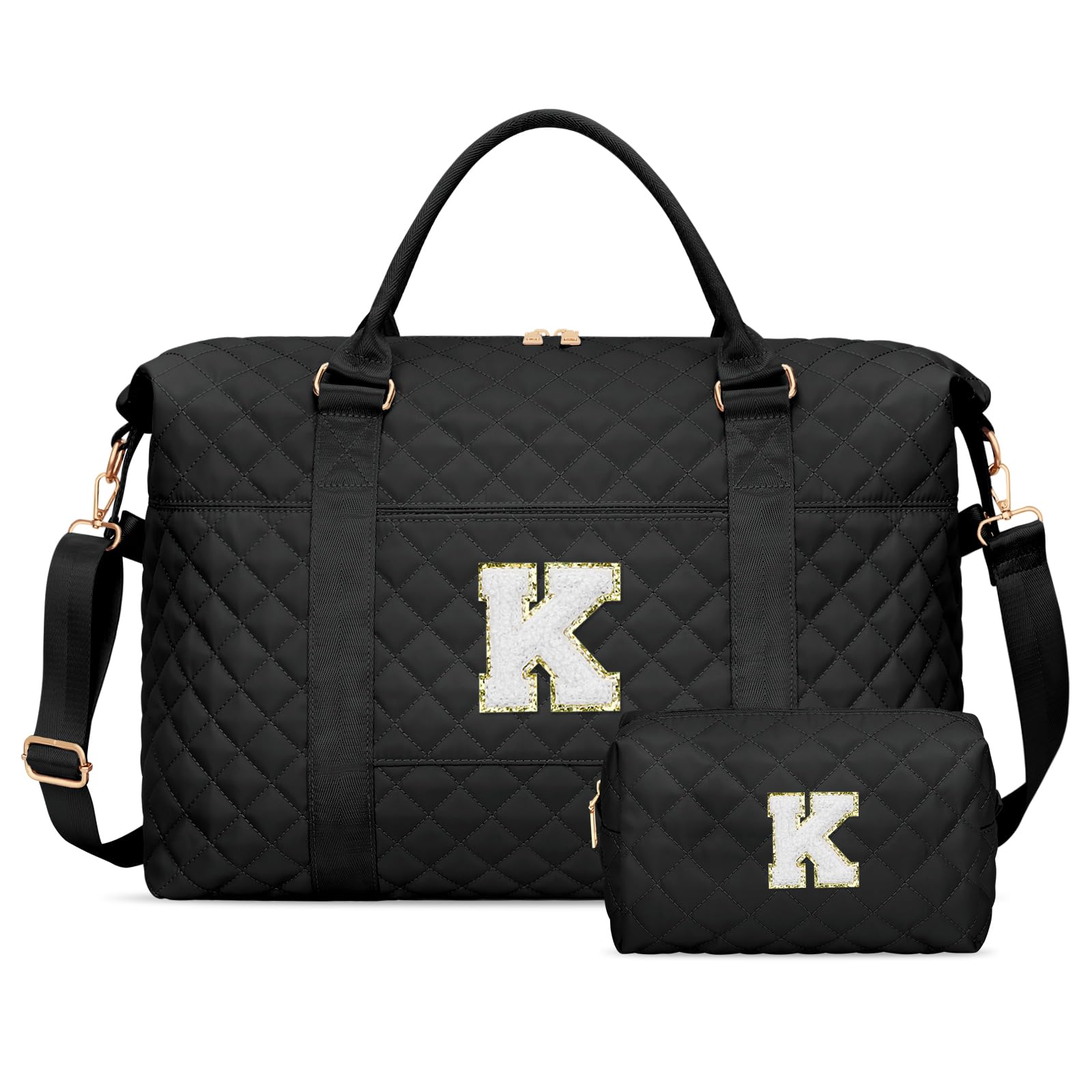 Valentines Gifts for Women, Initial Travel Duffle Bag, Personalized Weekender Overnight Bags, Monogram Sport Gym Carry On Bags with Wet Pocket（Black,K