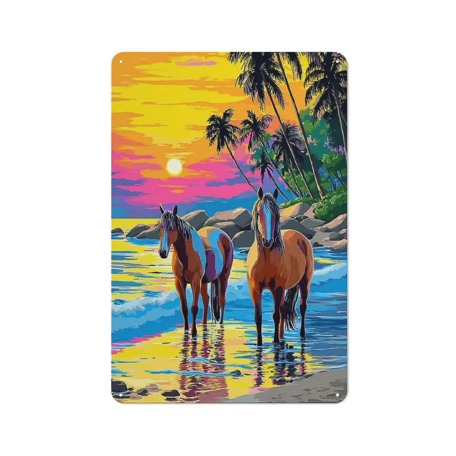 Junmoney Beach Sunset With Horses -1 Metal Wall Sign 30X20cm Featuring For Garage Or Workshop, For Vintage Wall Decor Fans, For Metal Sign Collectors
