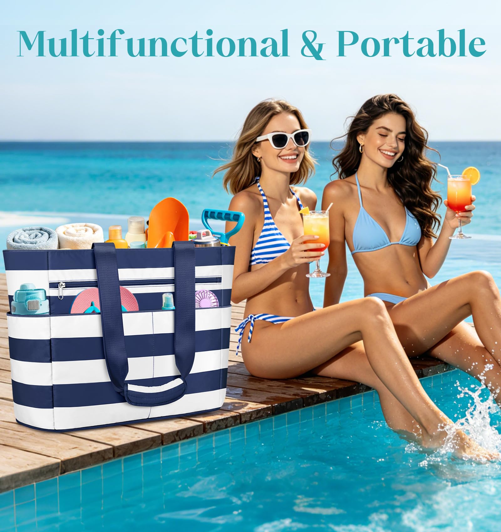 Sac de Plage Femme Imperméable, Grand Sacs Plage XXL avec Fermeture Éclair, Ete Sac de Voyage, Anti Sable Sacs de Piscine, Sac Cabas Tote Bag pour Travail Voyages Shopping 55L