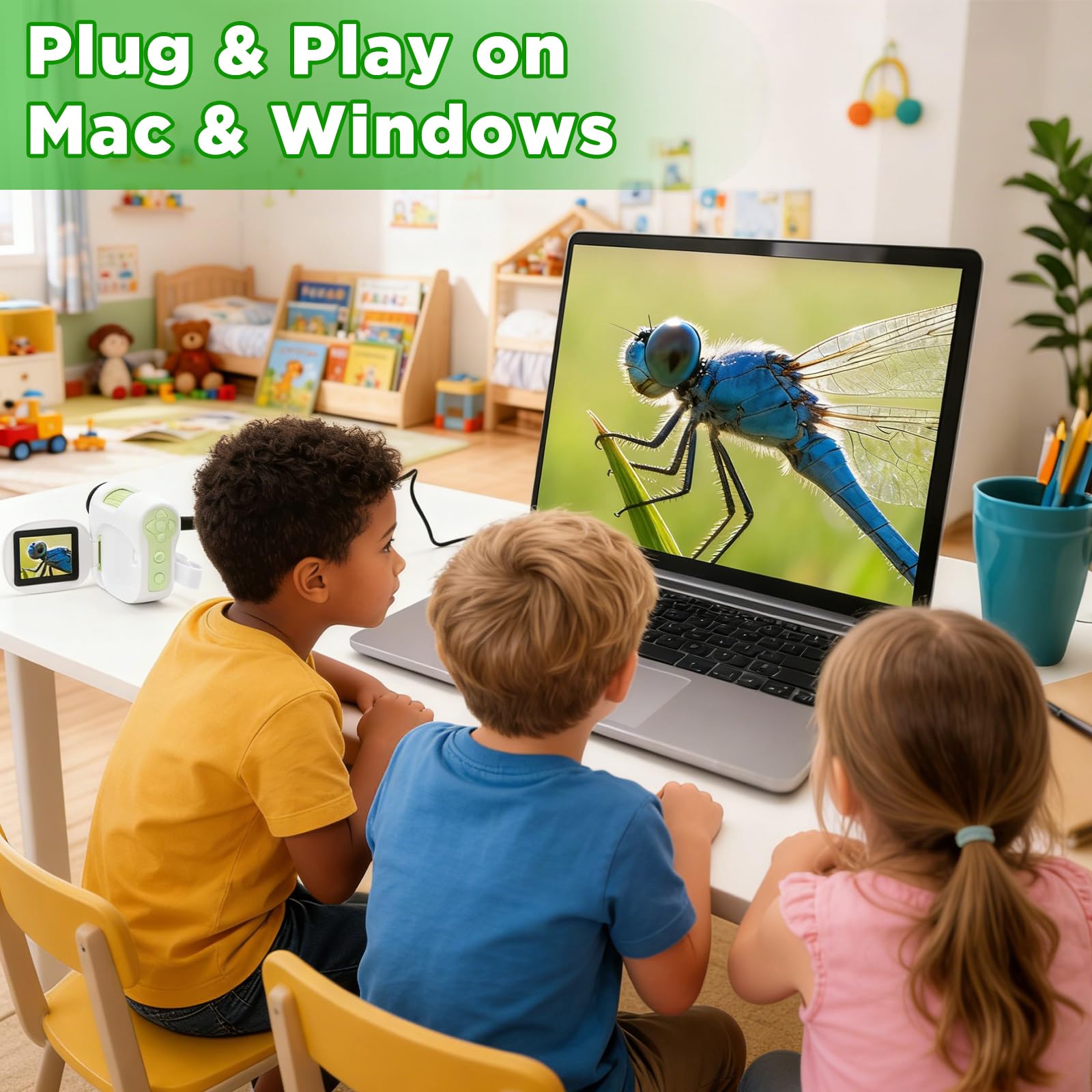 Mikroskop für Kinder mit 100–1600-fachem Zoom und LED, 3-in-1-Handmikroskop für Kinder, digitales Kindermikroskop mit 1080P DV-Kamera, kompatibel mit Mac OS und Windows, wissenschaftliches