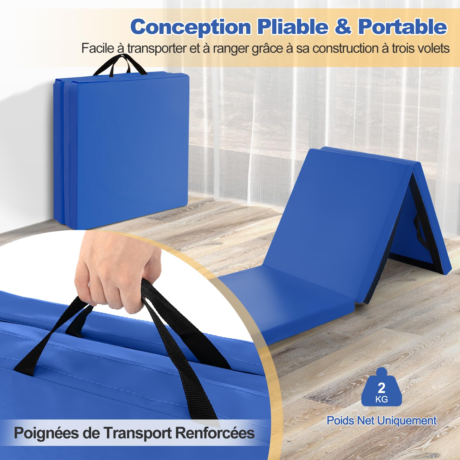 GYMAX Tapis de Gymnastique Épais Pliable 180x60x5cm, Combinaisonable avec Attache Auto-Agrippante, Housse en Simili Cuir, Portable avec Poignées de Transport, pour Yoga, Fitness, Étirement